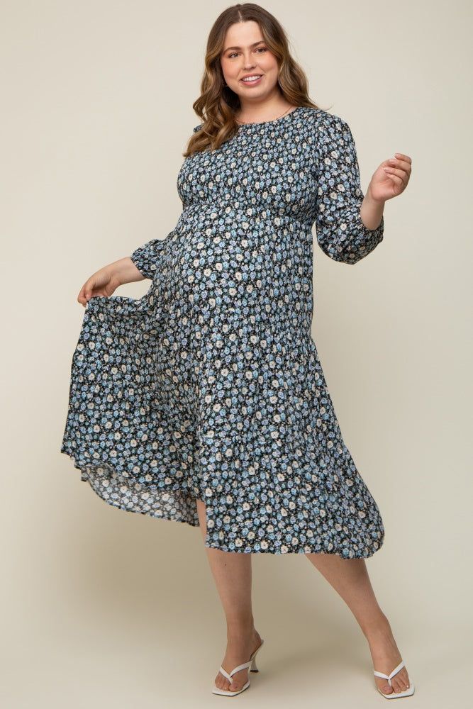 Black Floral Smocked 3/4 Sleeve Maternity Plus Midi Dress sold by Pinkblush product image thumbnail 4