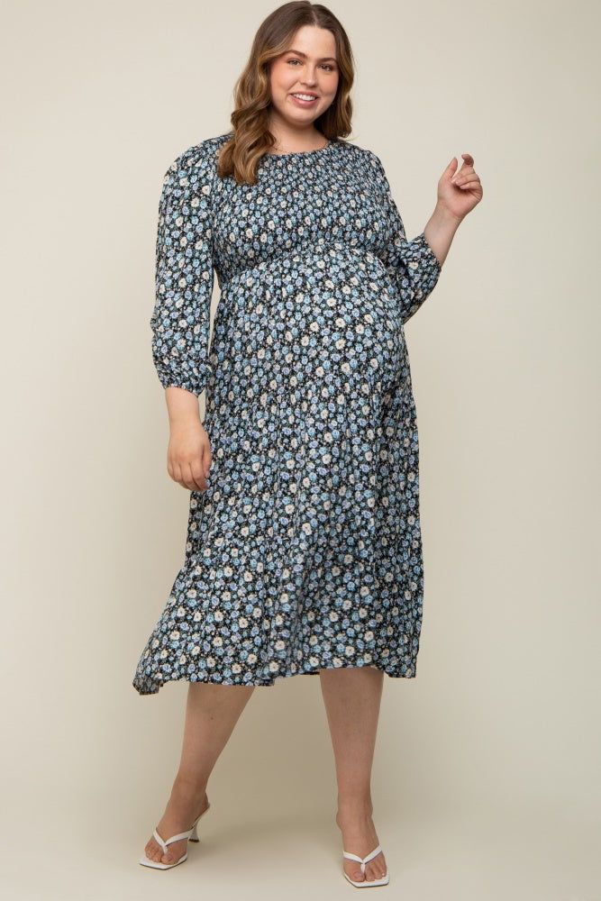 Black Floral Smocked 3/4 Sleeve Maternity Plus Midi Dress sold by Pinkblush
