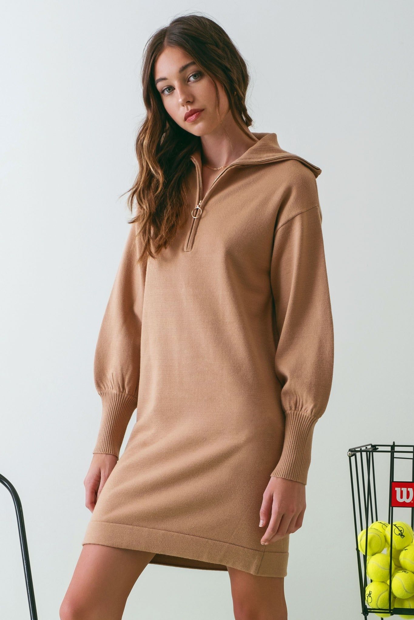 Taupe Knit Half Zip Mini Dress sold by Pinkblush