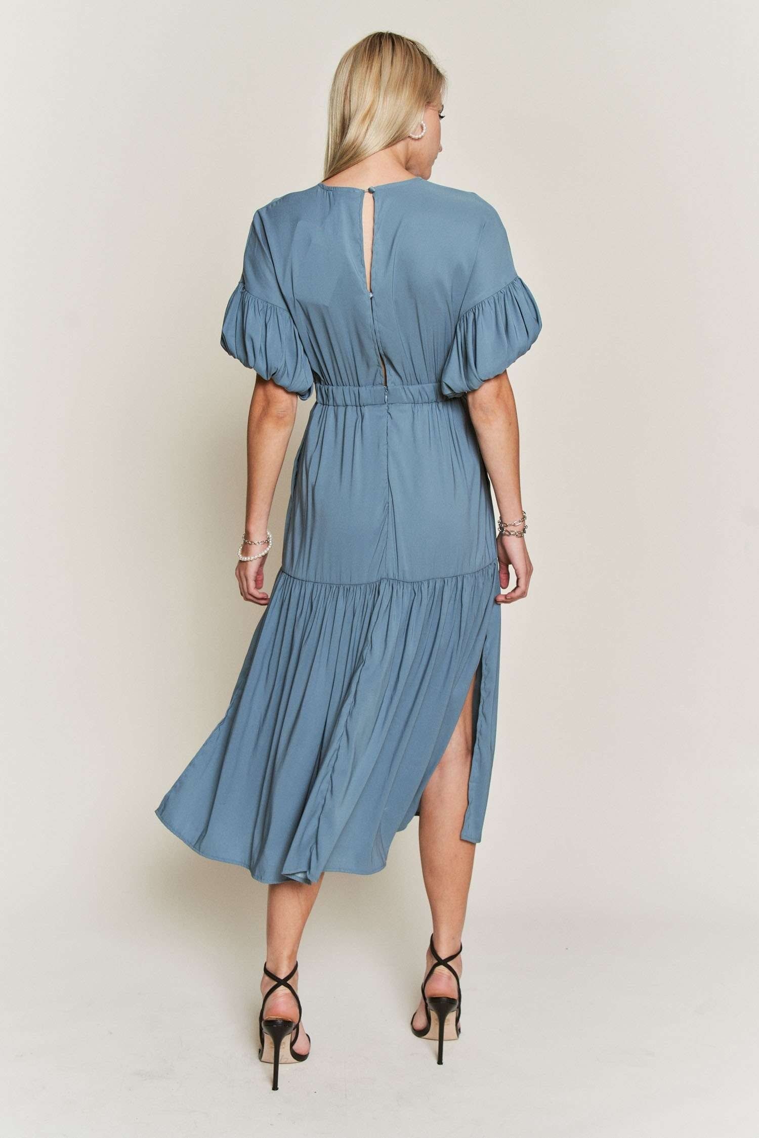 Blue V Neck Button Down Midi Dress sold by Pinkblush product image thumbnail 3