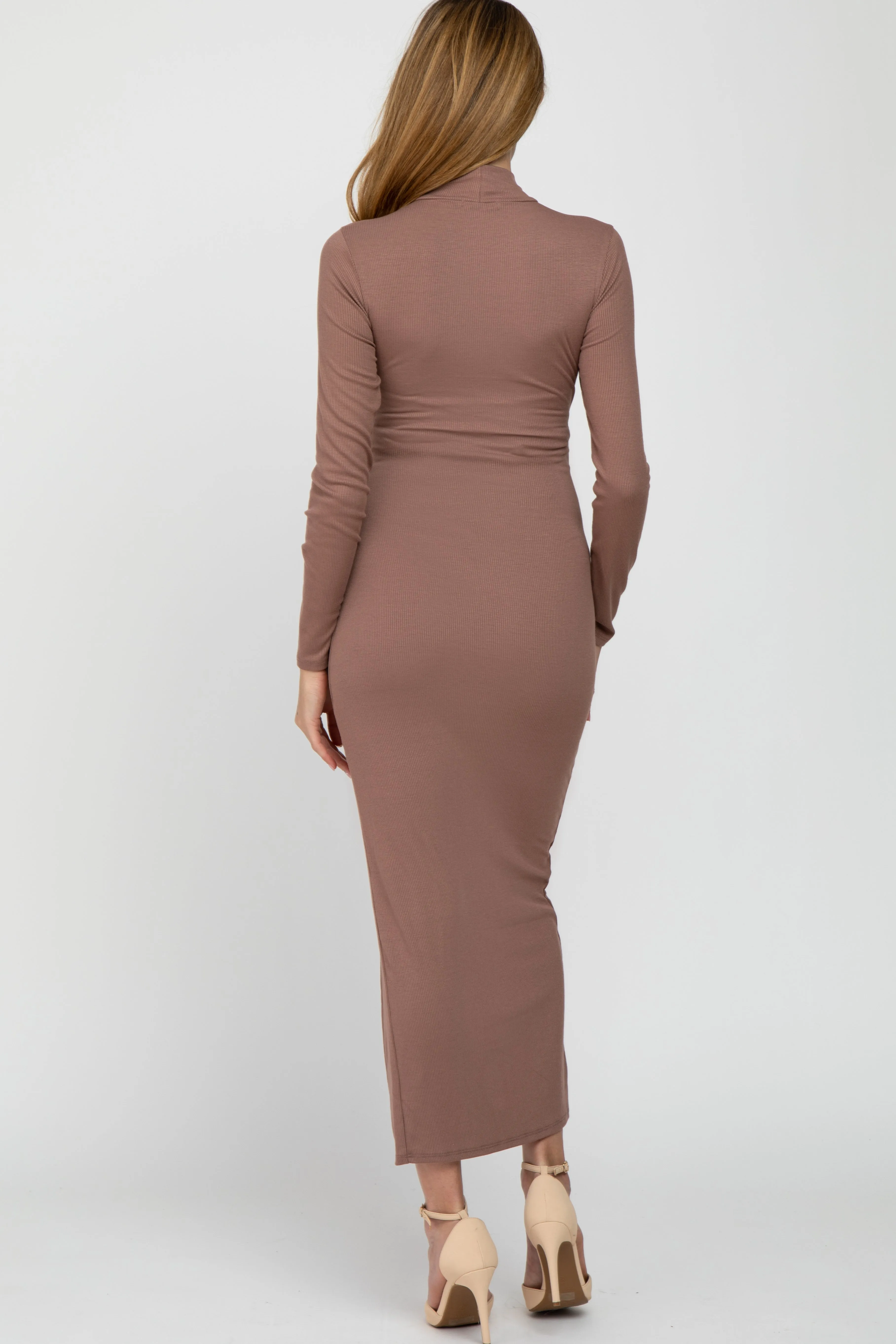 Mocha Ribbed Mock Neck Side Slit Maternity Maxi Dress sold by Pinkblush product image thumbnail 3