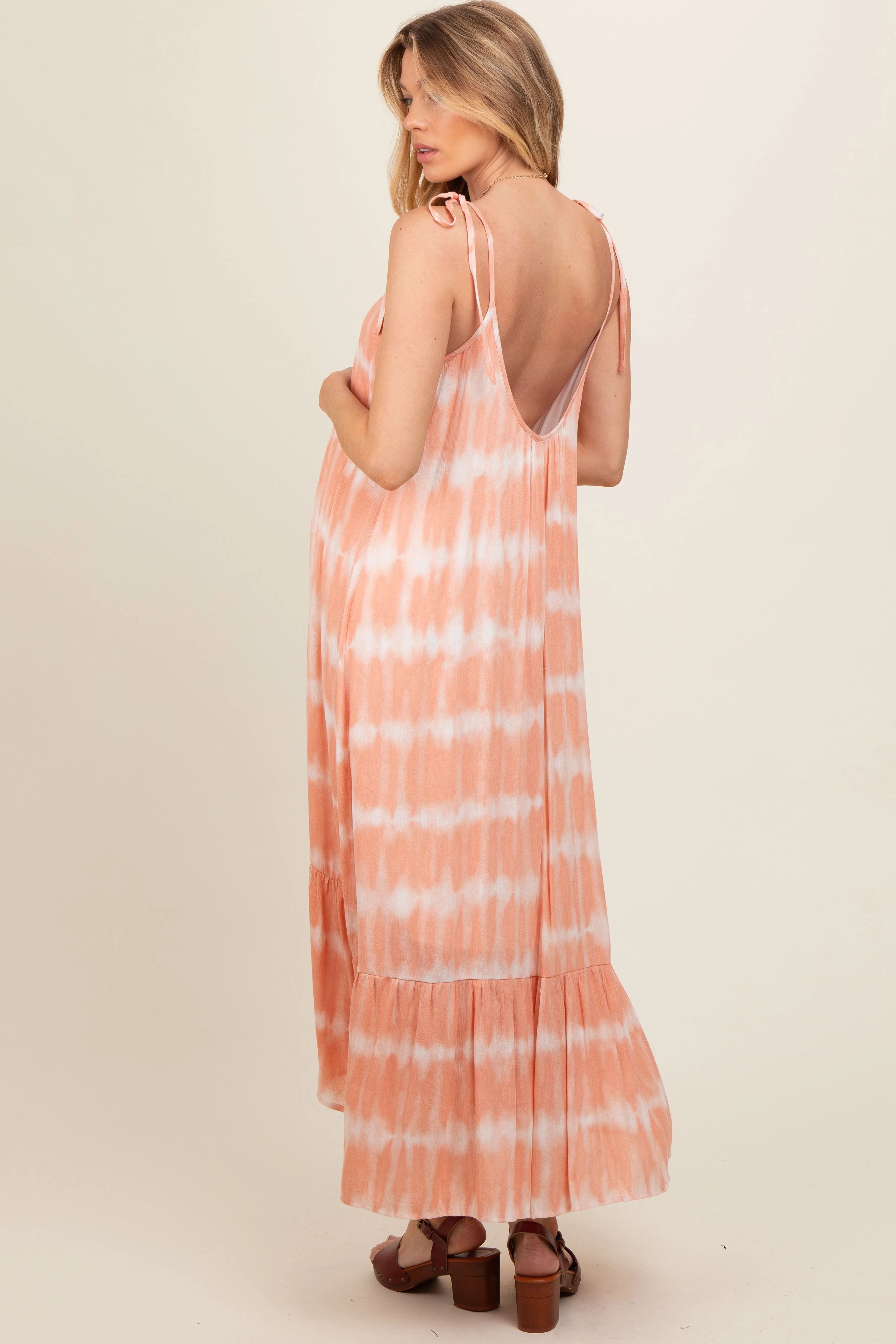 Peach Tie Dye Tie Strap Maternity Midi Dress sold by Pinkblush product image thumbnail 4