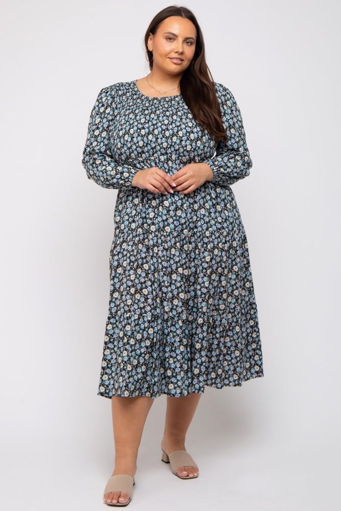 Black Floral Smocked 3/4 Sleeve Maternity Plus Midi Dress sold by Pinkblush product image thumbnail 5