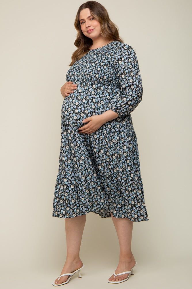Black Floral Smocked 3/4 Sleeve Maternity Plus Midi Dress sold by Pinkblush product image thumbnail 2