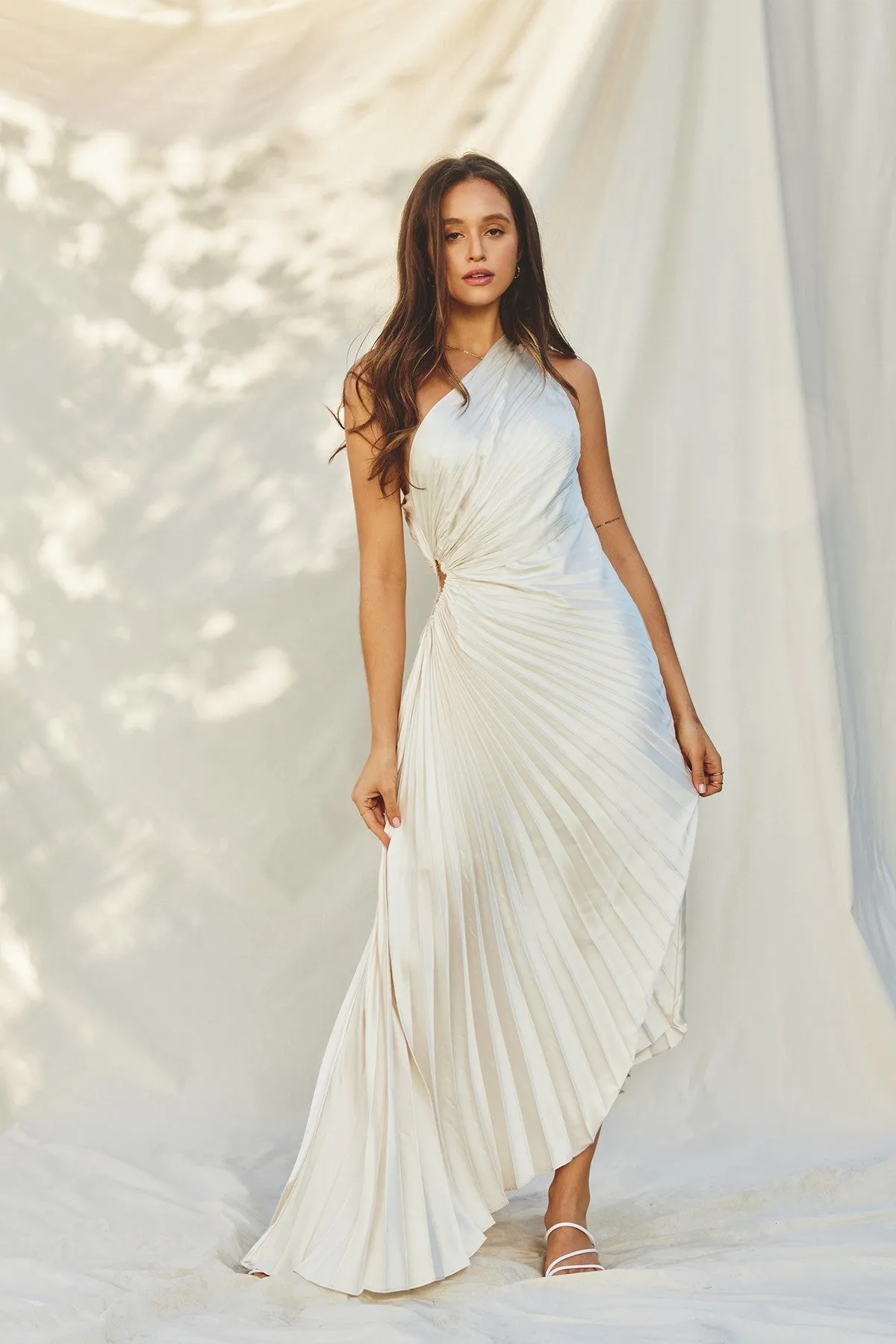 Pearl Asymmetrical Pleated Maxi Dress sold by Pinkblush