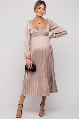 Mocha Sweetheart Pleated Long Sleeve Maternity Midi Dress made by Pinkblush
