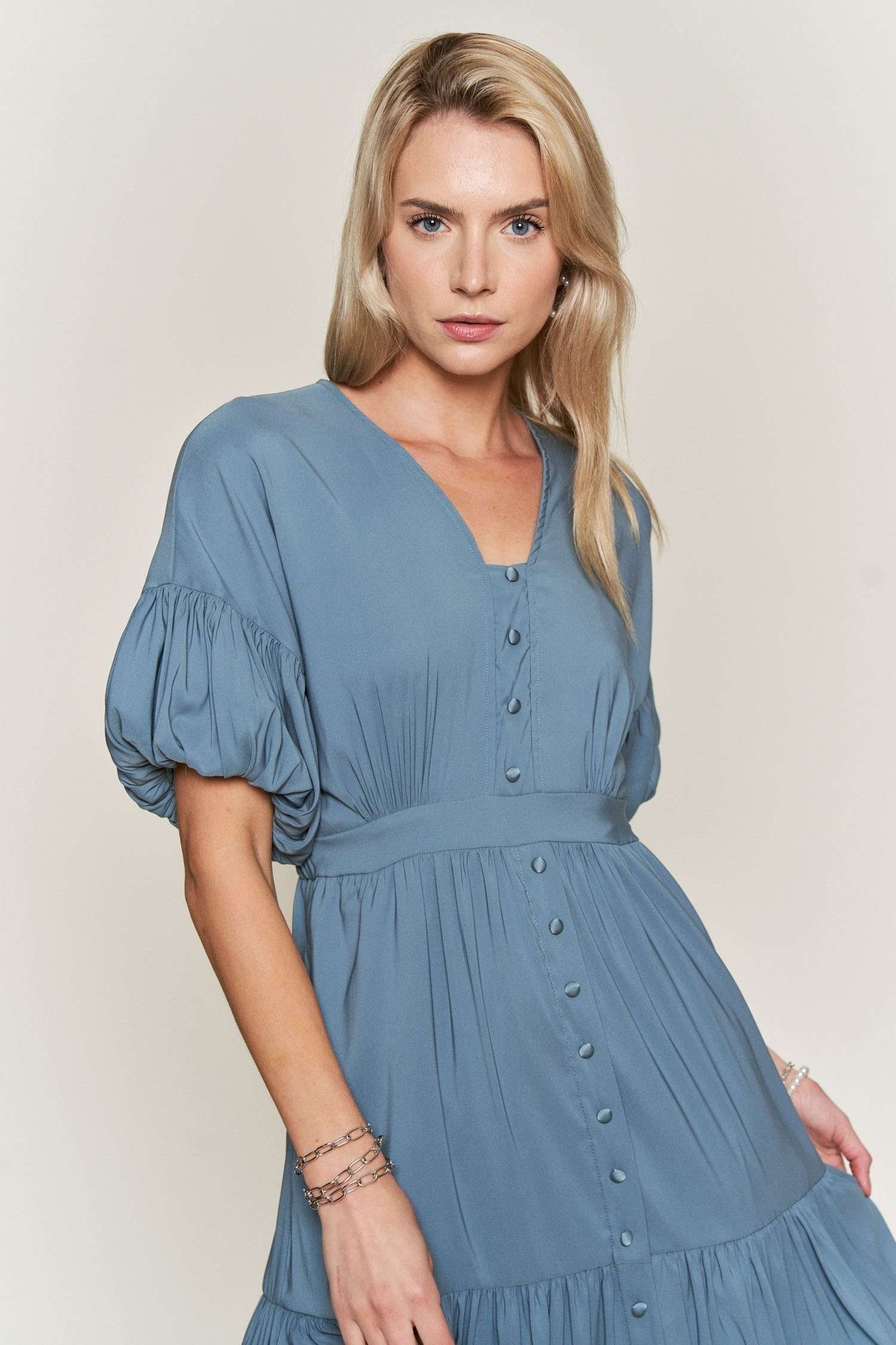 Blue V Neck Button Down Midi Dress sold by Pinkblush product image thumbnail 4