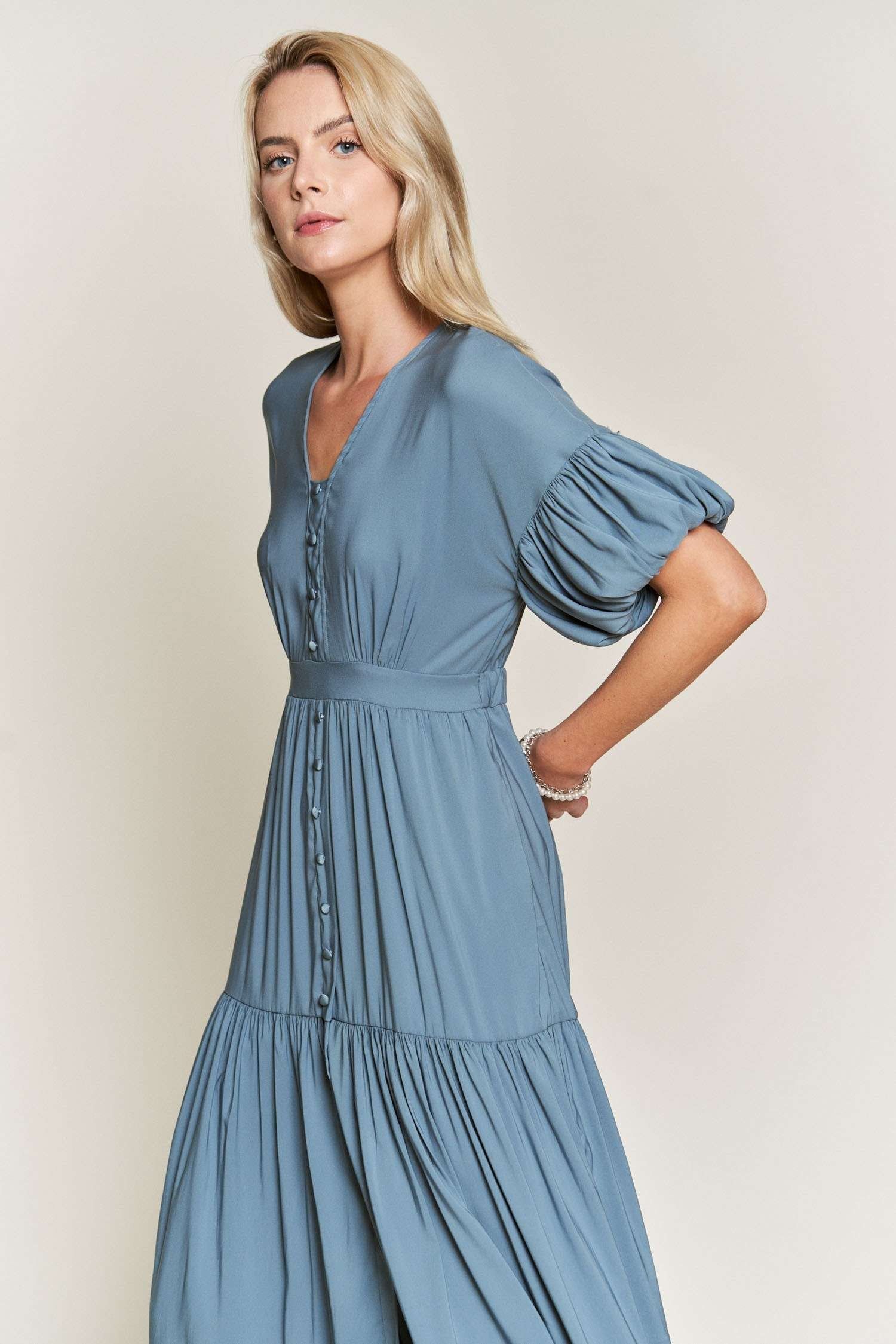 Blue V Neck Button Down Midi Dress sold by Pinkblush