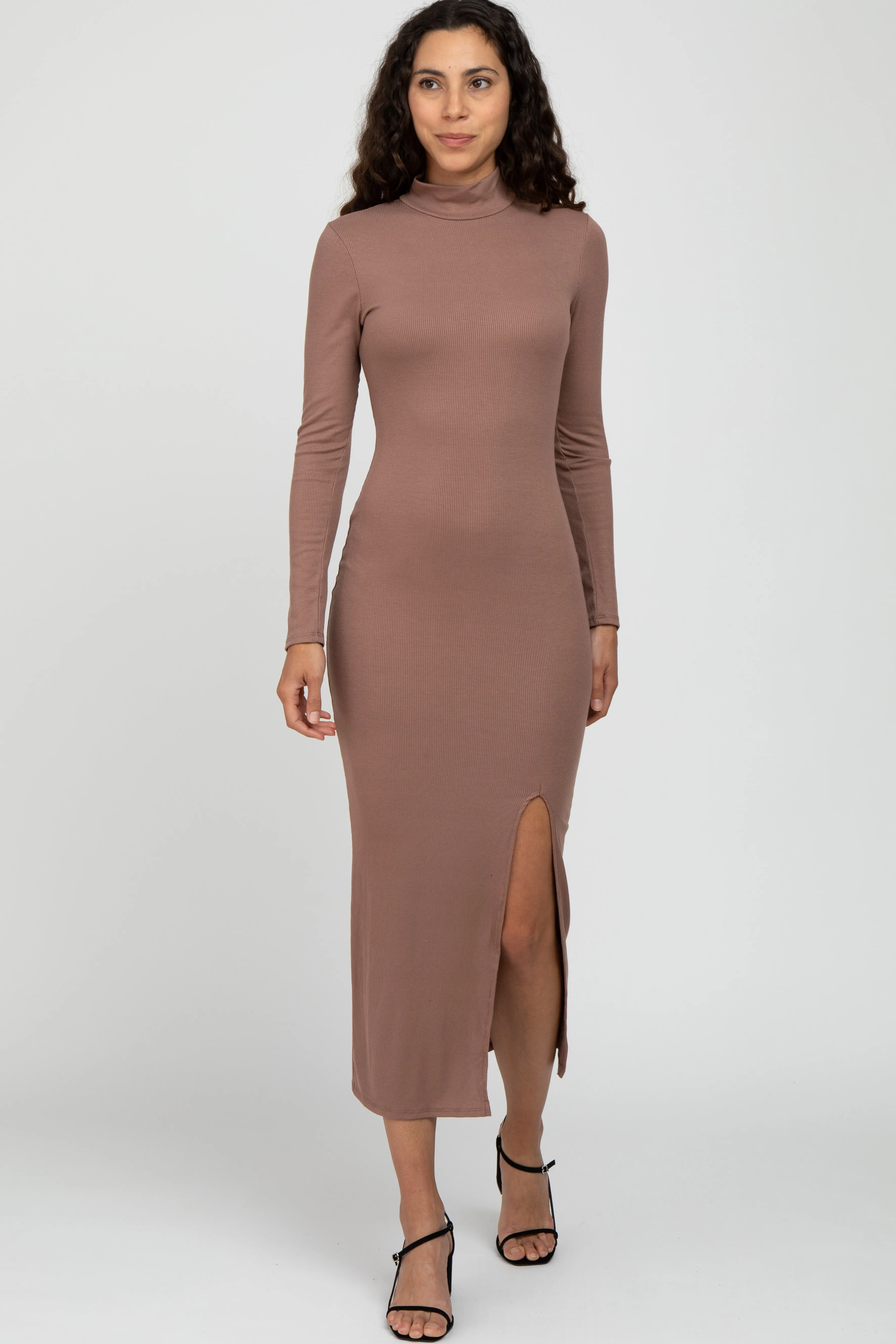 Mocha Ribbed Mock Neck Side Slit Maternity Maxi Dress sold by Pinkblush product image thumbnail 4