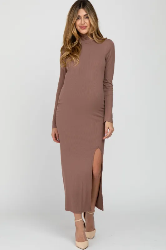 Mocha Ribbed Mock Neck Side Slit Maternity Maxi Dress sold by Pinkblush