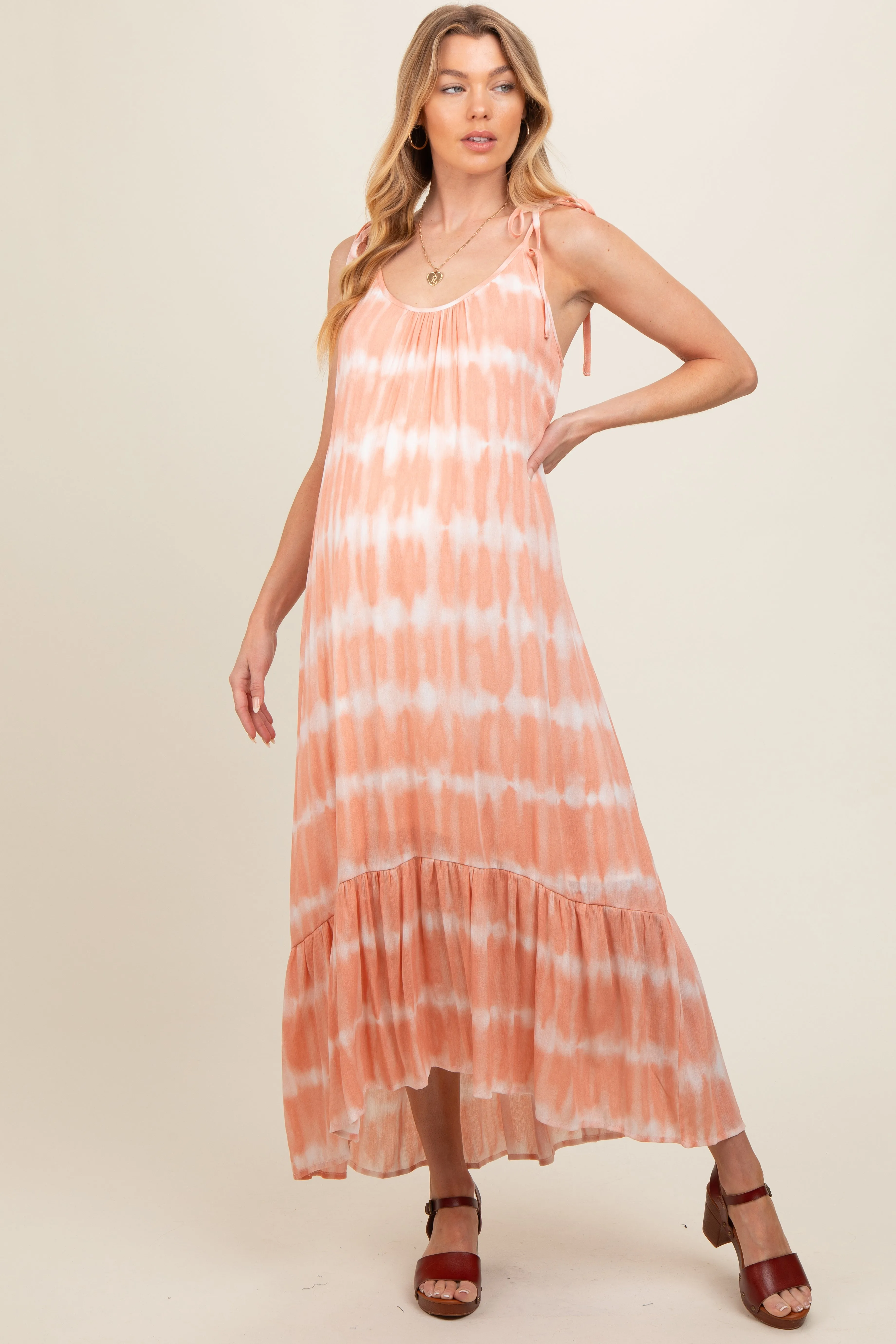 Peach Tie Dye Tie Strap Maternity Midi Dress sold by Pinkblush product image thumbnail 2