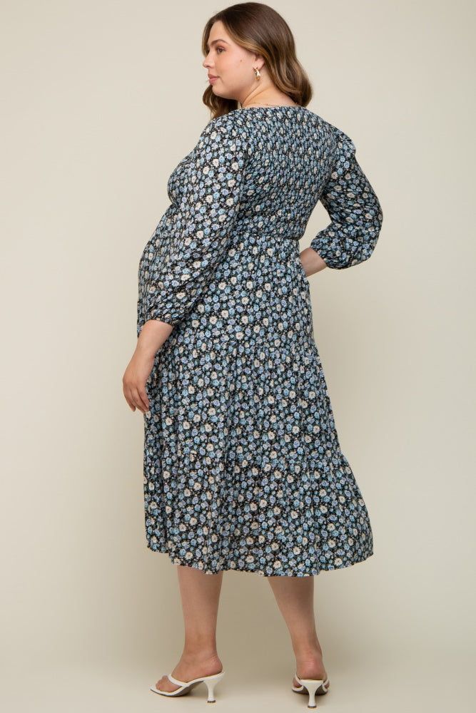 Black Floral Smocked 3/4 Sleeve Maternity Plus Midi Dress sold by Pinkblush product image thumbnail 3