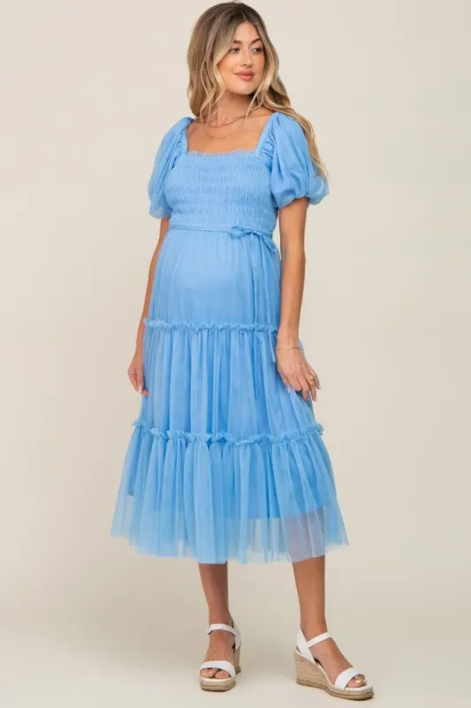 Light Blue Tulle Smocked Tiered Maternity Midi Dress sold by Pinkblush