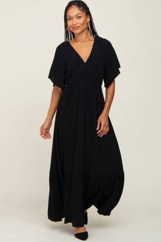 Black V-Neck Flounce Sleeve Maxi Dress sold by Pinkblush