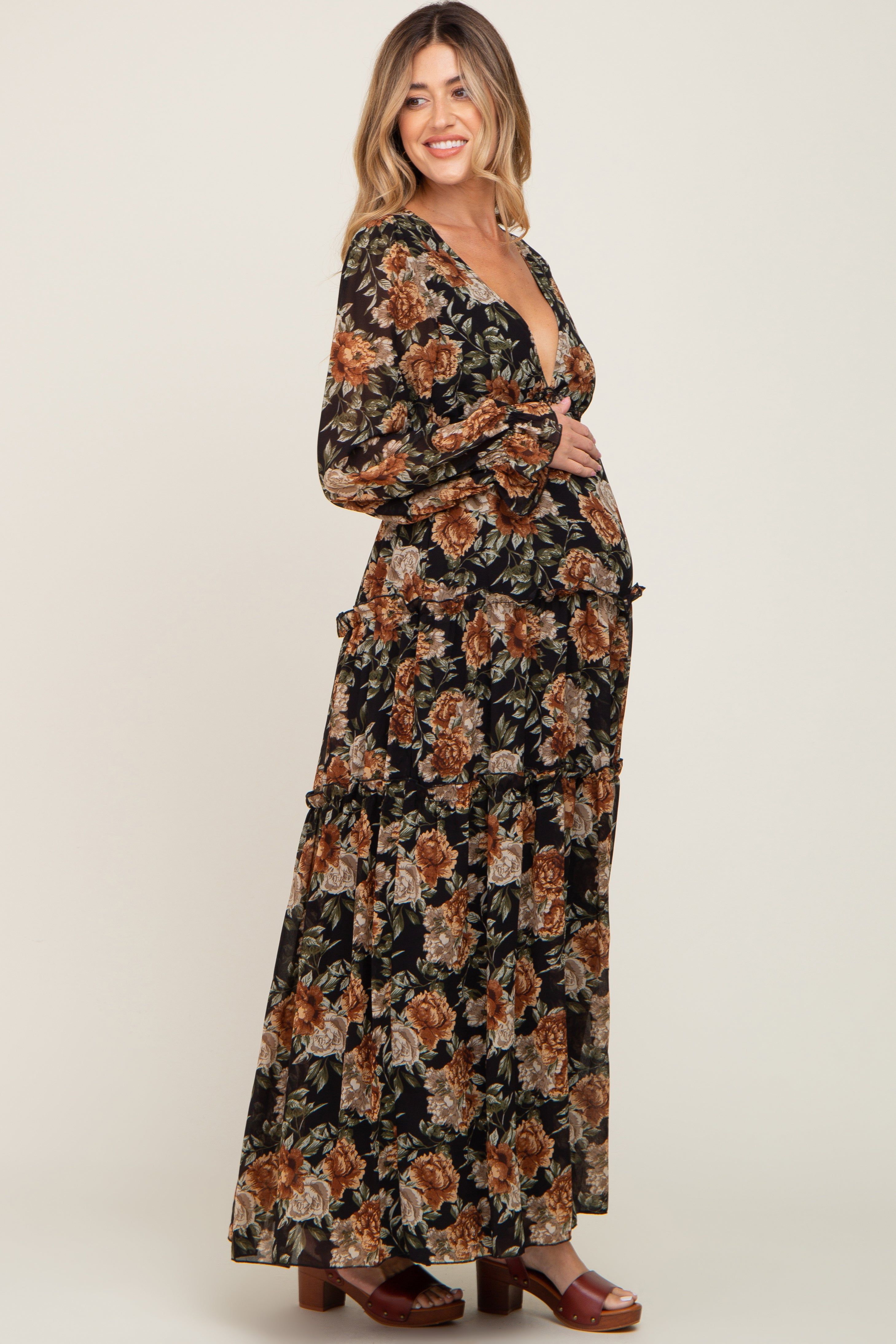 Black Floral Chiffon Ruffle Tiered Maternity Maxi Dress sold by Pinkblush product image thumbnail 2