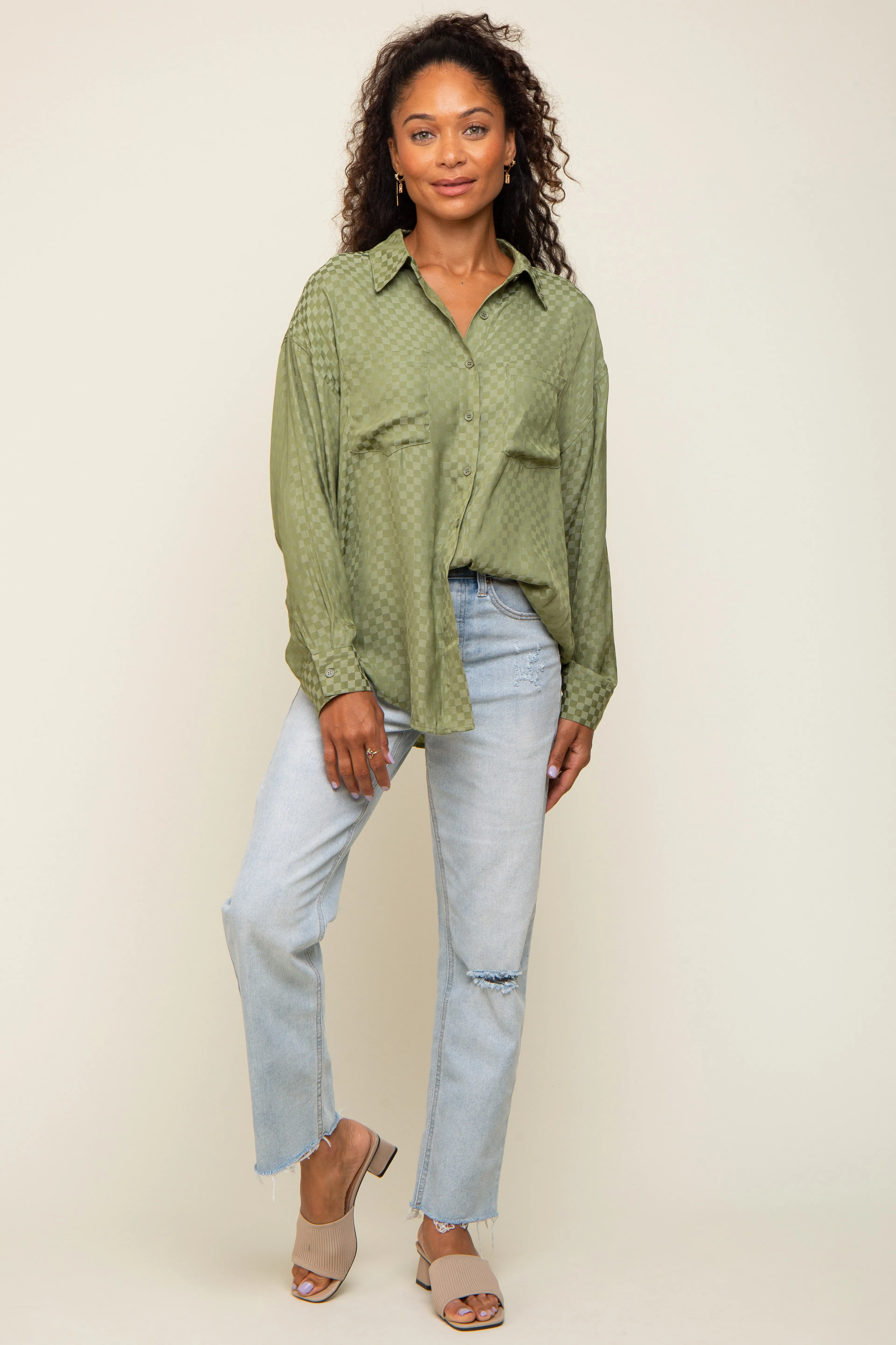 Olive Satin Checkered Button-Down Long Sleeve Top sold by Pinkblush product image thumbnail 5