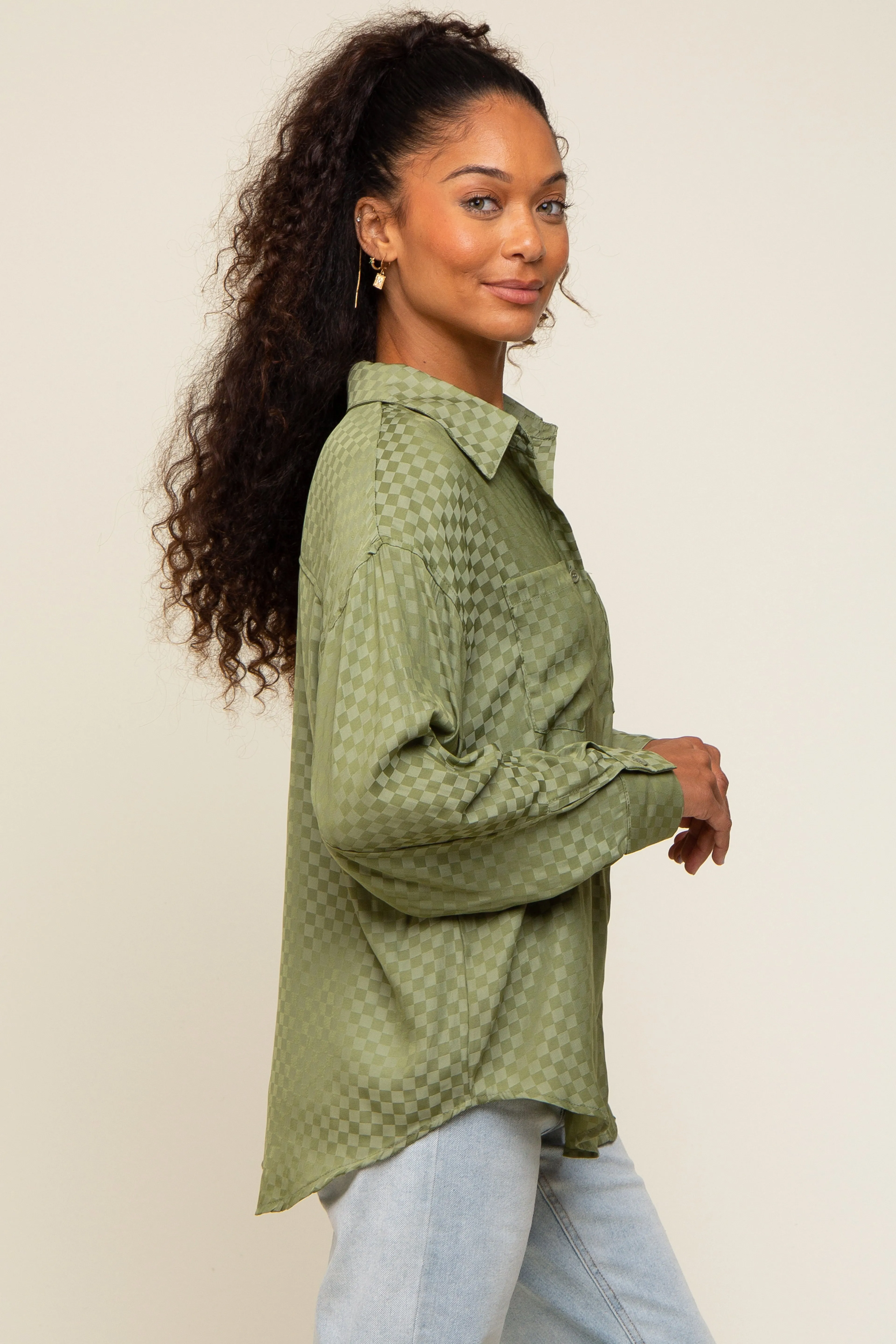Olive Satin Checkered Button-Down Long Sleeve Top sold by Pinkblush product image thumbnail 2
