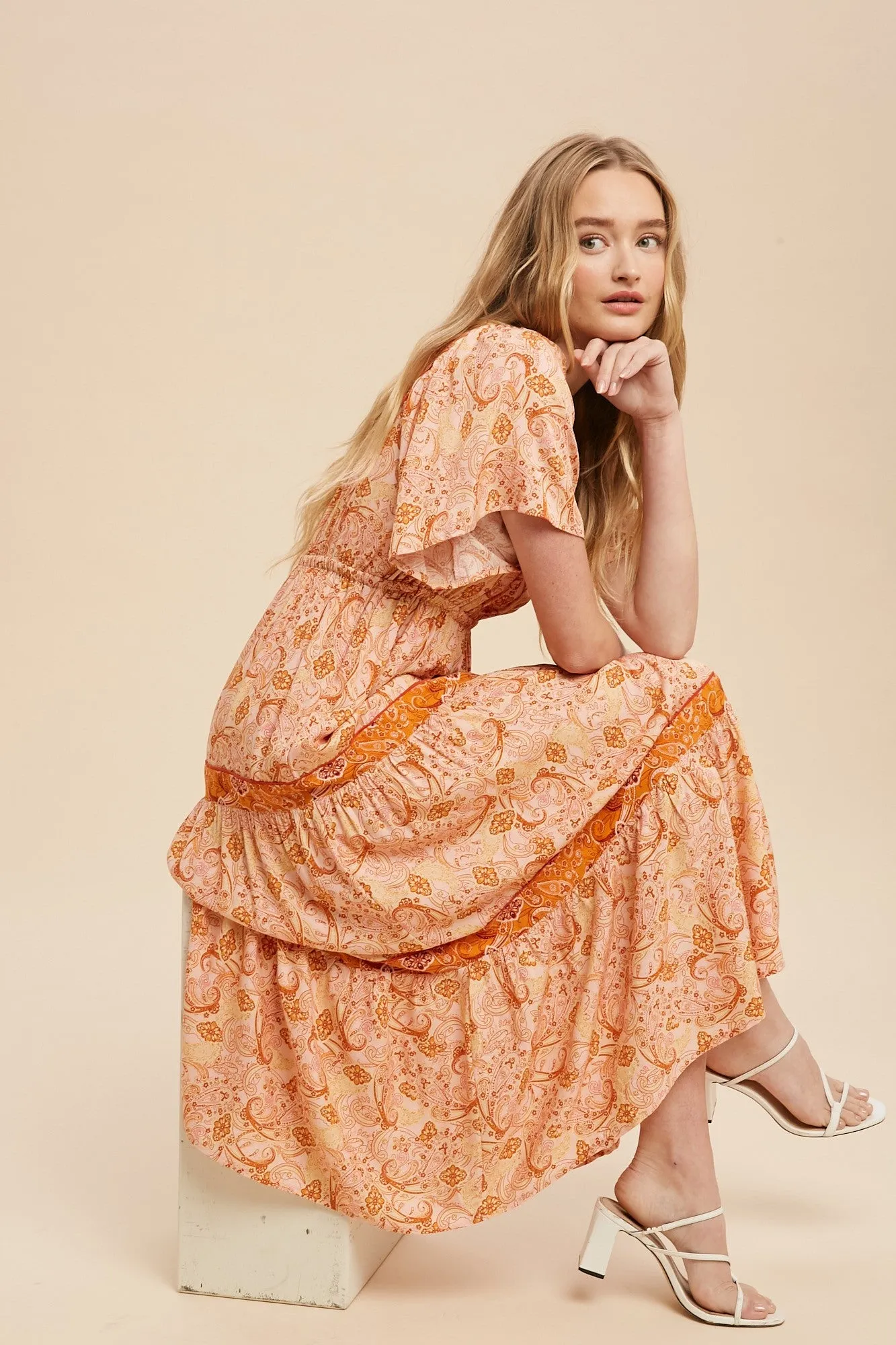 Rust Border Print Tiered Midi Dress sold by Pinkblush product image thumbnail 4