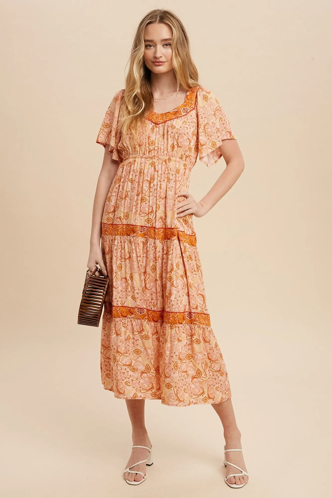 Rust Border Print Tiered Midi Dress sold by Pinkblush
