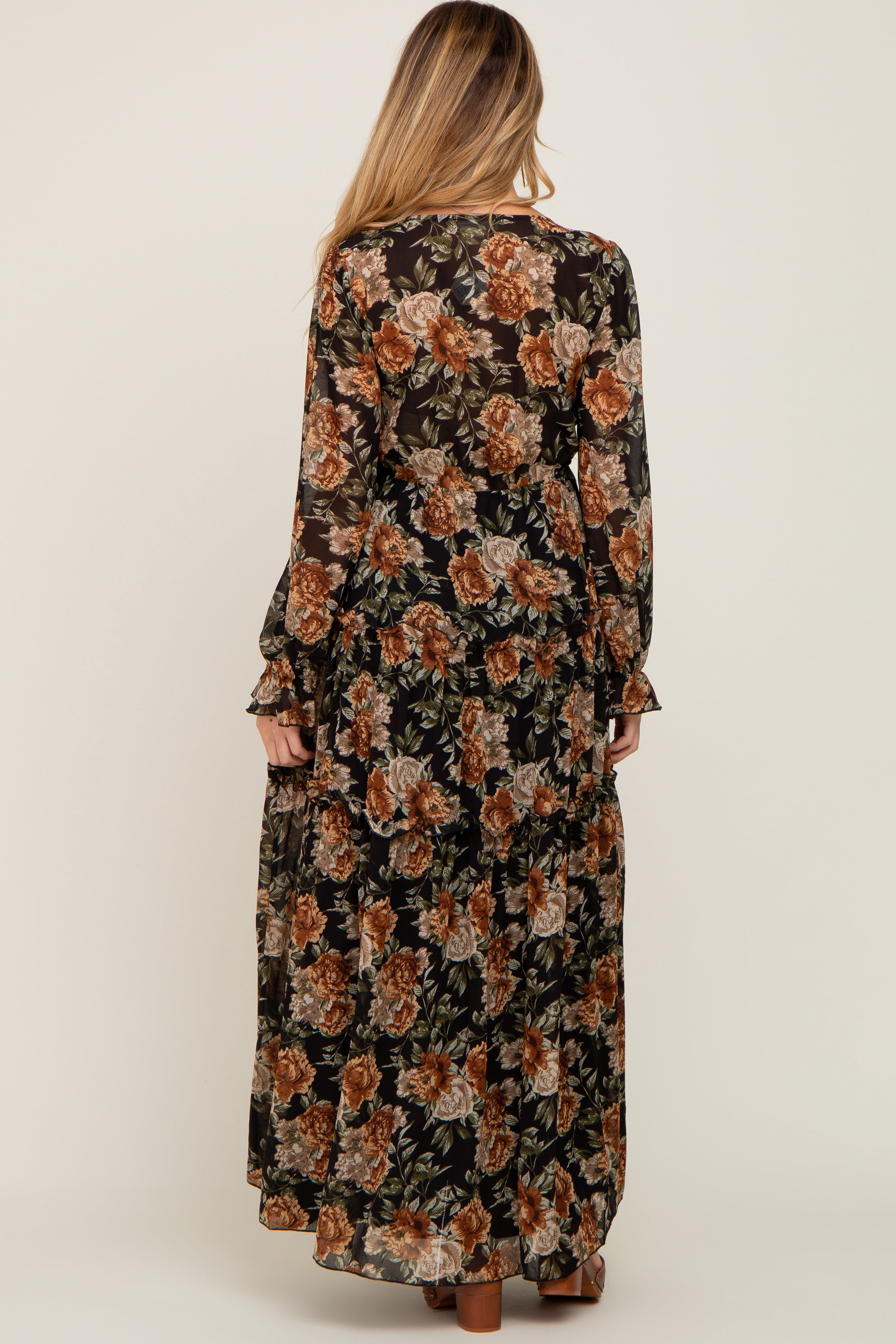 Black Floral Chiffon Ruffle Tiered Maternity Maxi Dress sold by Pinkblush product image thumbnail 3