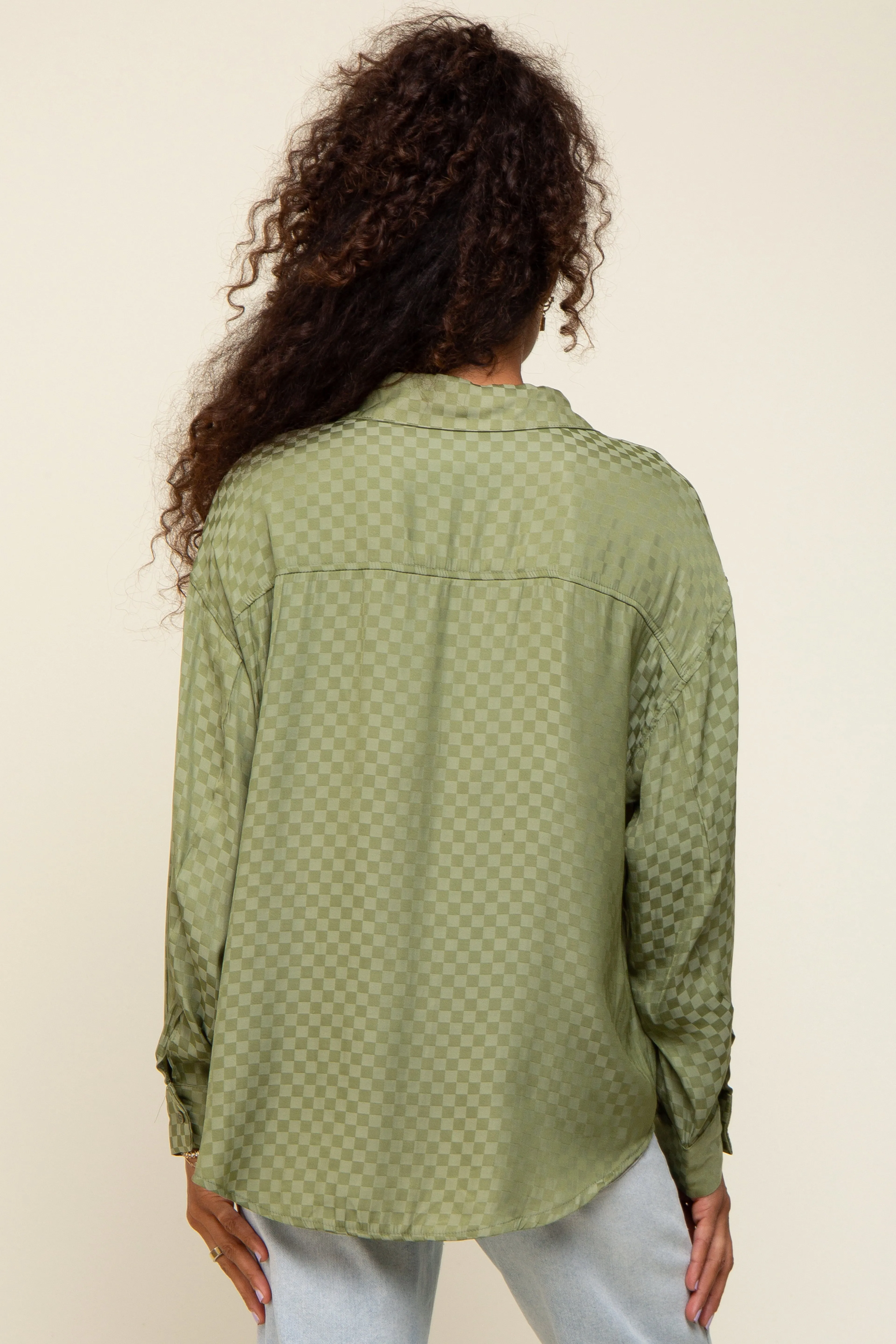 Olive Satin Checkered Button-Down Long Sleeve Top sold by Pinkblush product image thumbnail 3