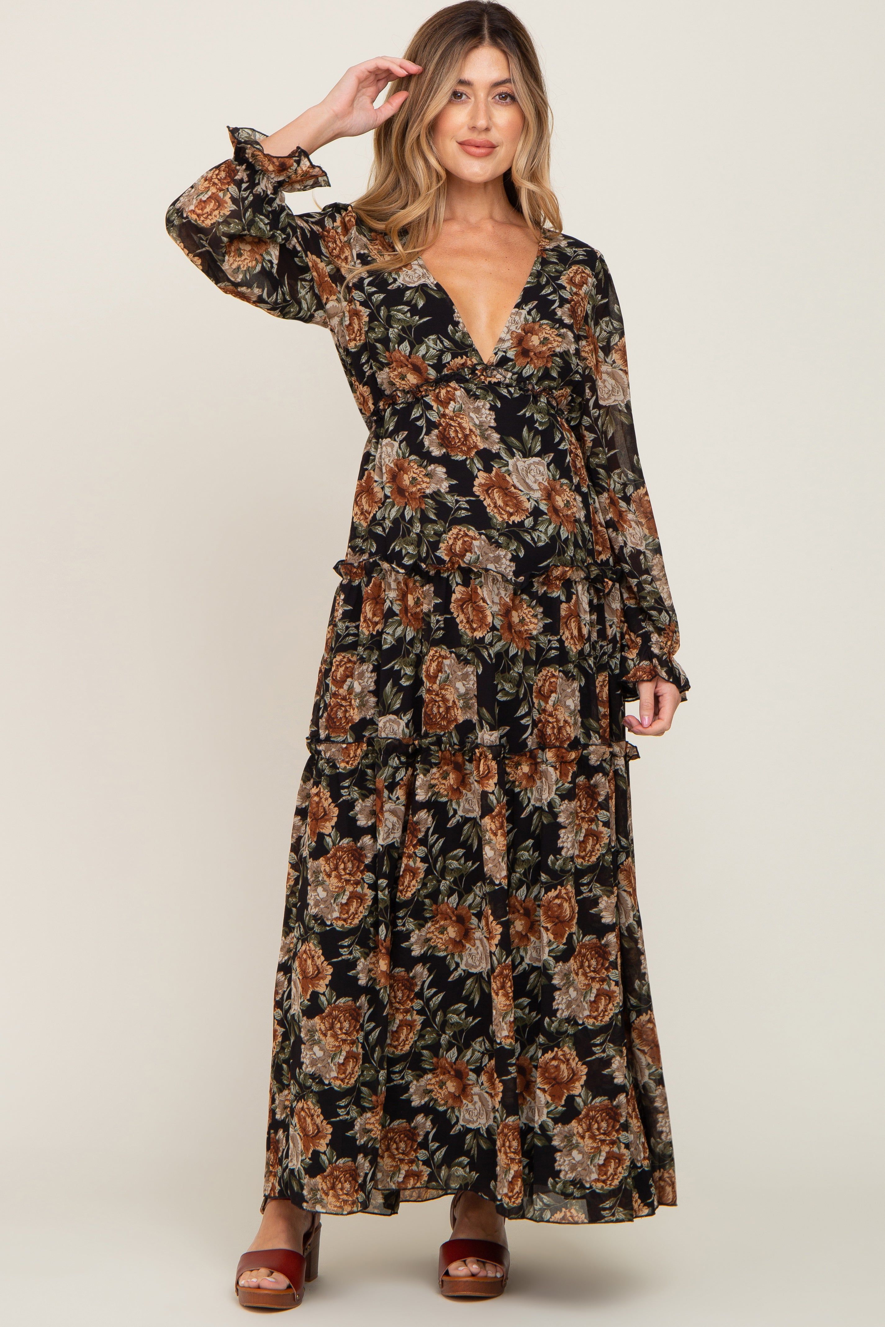 Black Floral Chiffon Ruffle Tiered Maternity Maxi Dress sold by Pinkblush