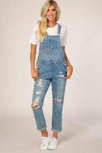 Light Wash Distressed Denim Overalls sold by Pinkblush