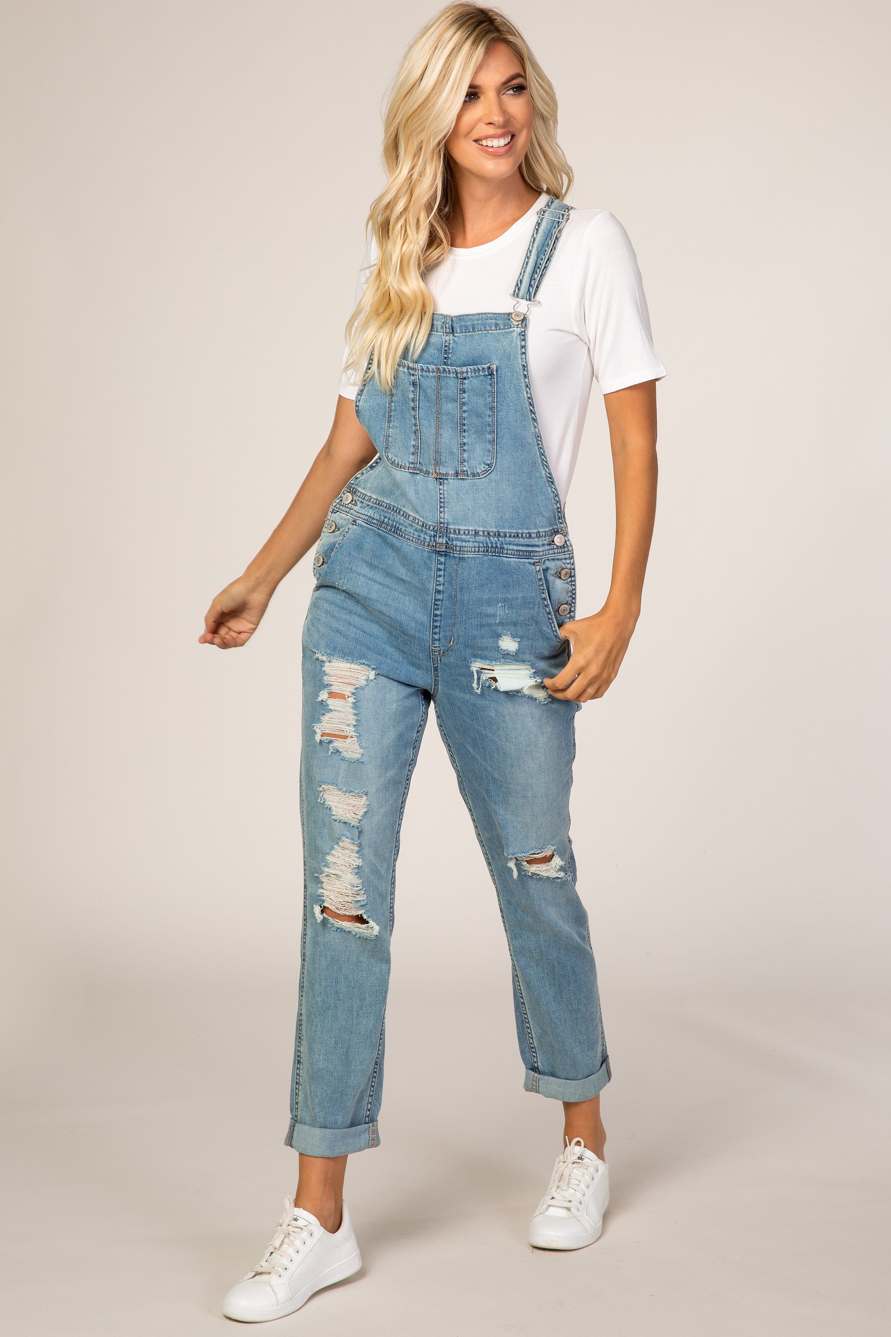 Light Wash Distressed Denim Overalls sold by Pinkblush