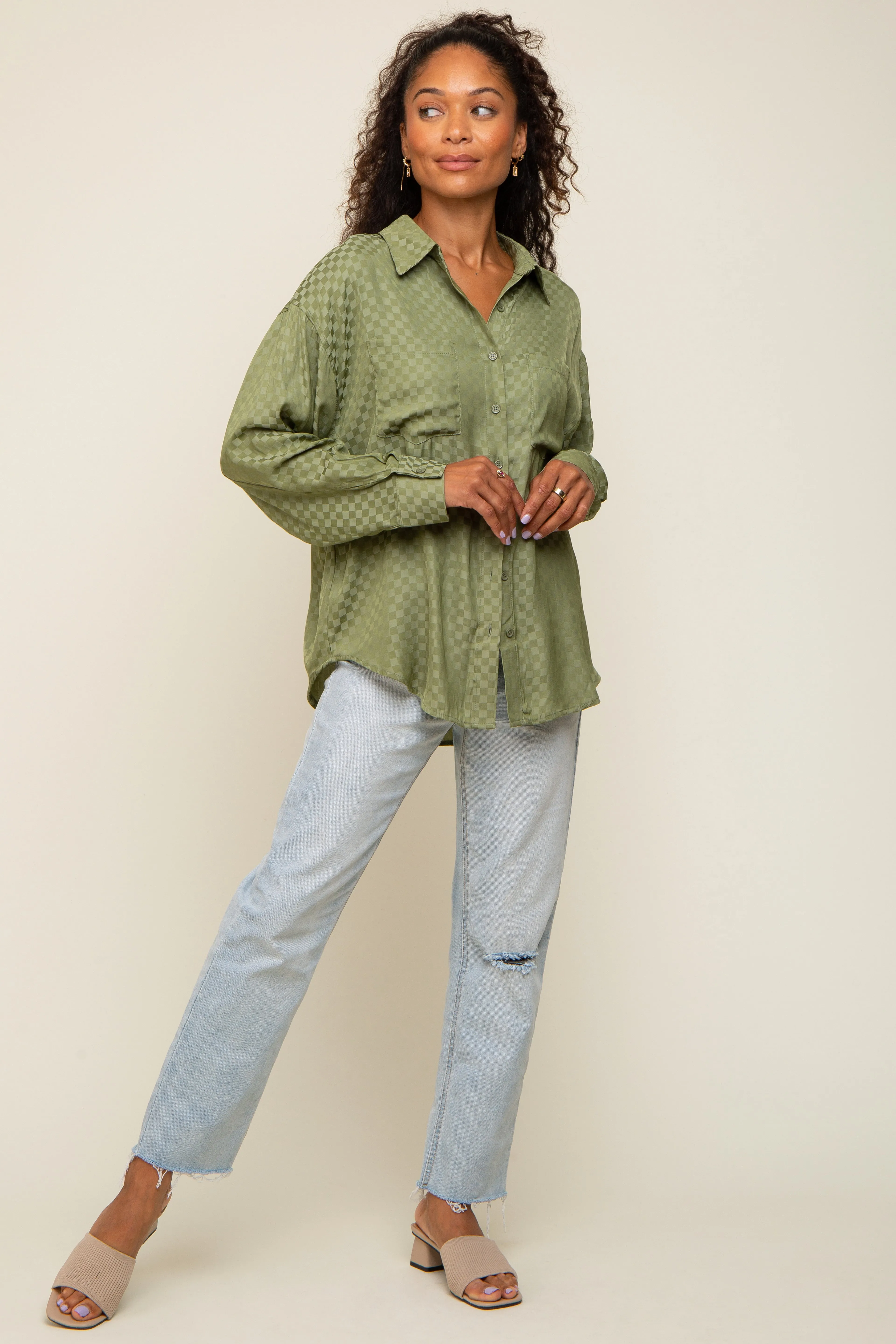 Olive Satin Checkered Button-Down Long Sleeve Top sold by Pinkblush product image thumbnail 4