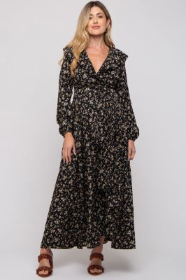 Black Floral Ruffle V-Neck Wrap Front Maternity Maxi Dress sold by Pinkblush