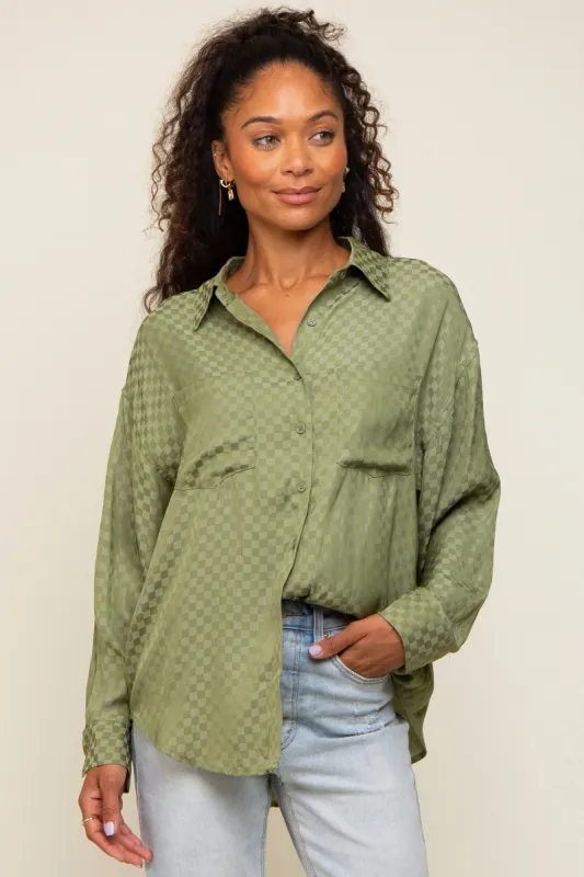 Olive Satin Checkered Button-Down Long Sleeve Top sold by Pinkblush