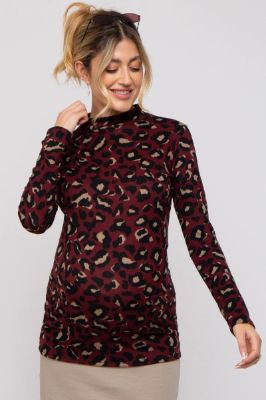 Burgundy Animal Print Mock Neck Maternity Top sold by Pinkblush