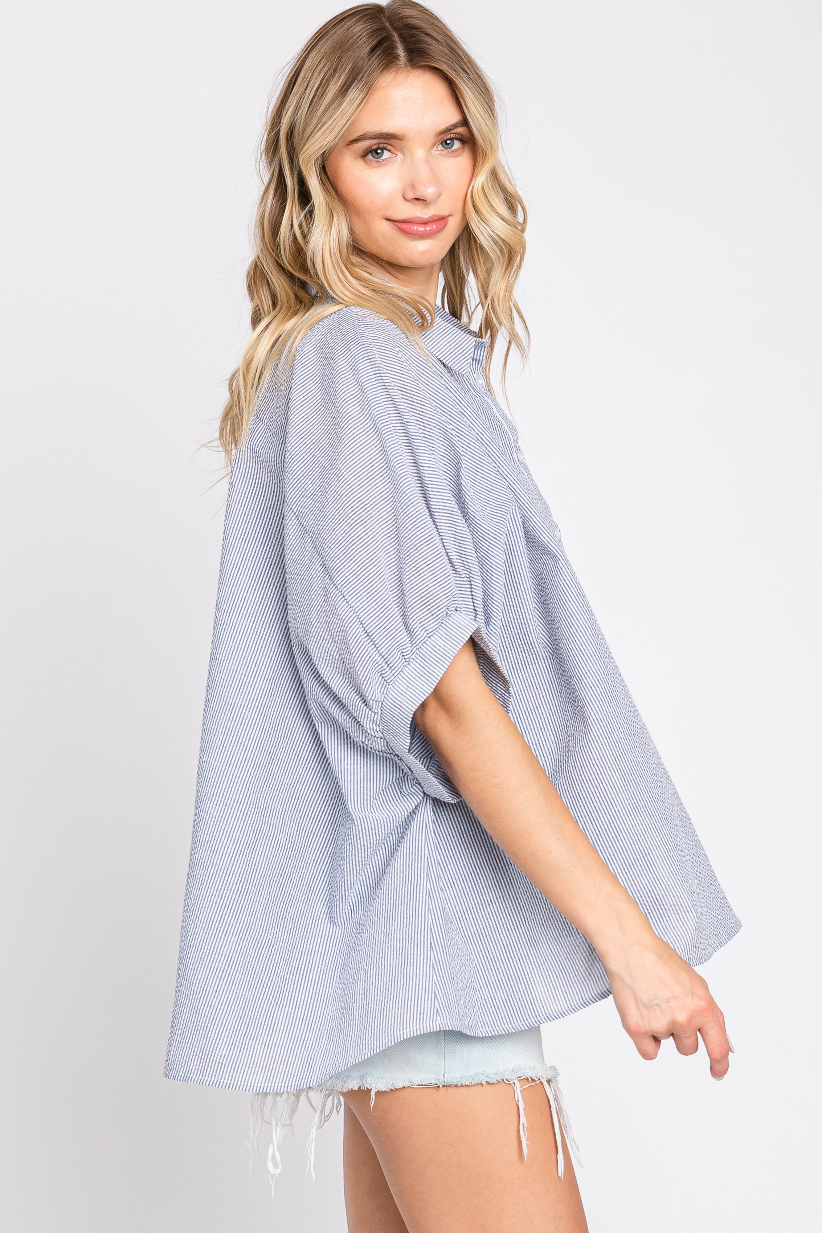 Navy Blue Striped Button-Down Dolman Short Sleeve Top sold by Pinkblush product image thumbnail 3