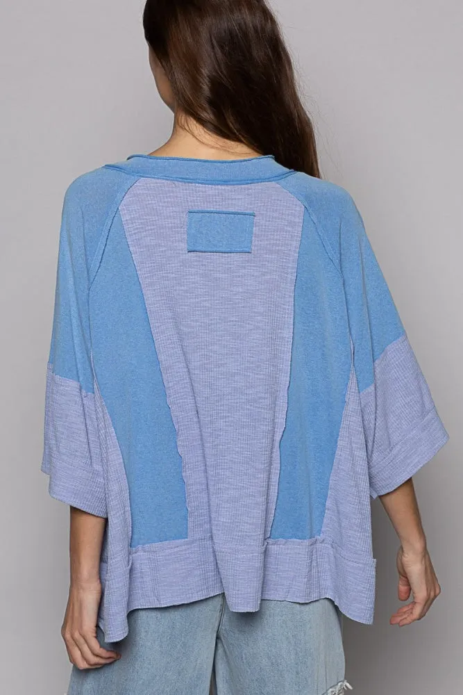 Blue Mist Oversize Notched Neck Frayed Edge Contrast Top sold by Pinkblush product image thumbnail 2