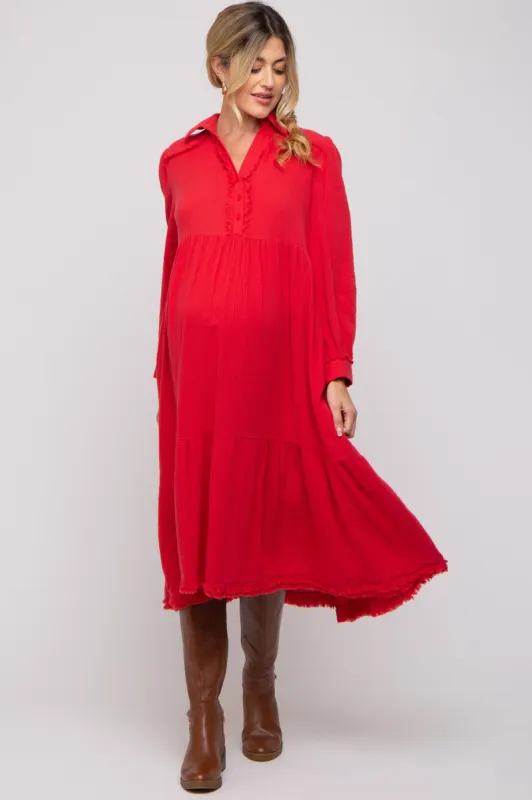 Red Fringe Maternity Midi Dress sold by Pinkblush