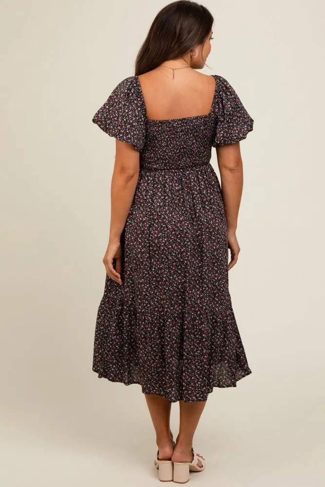 Black Floral Smocked Maternity Midi Dress sold by Pinkblush product image thumbnail 4