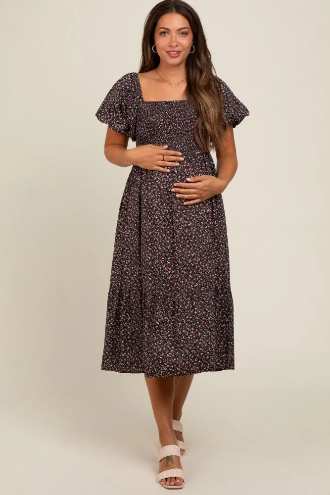 Black Floral Smocked Maternity Midi Dress sold by Pinkblush