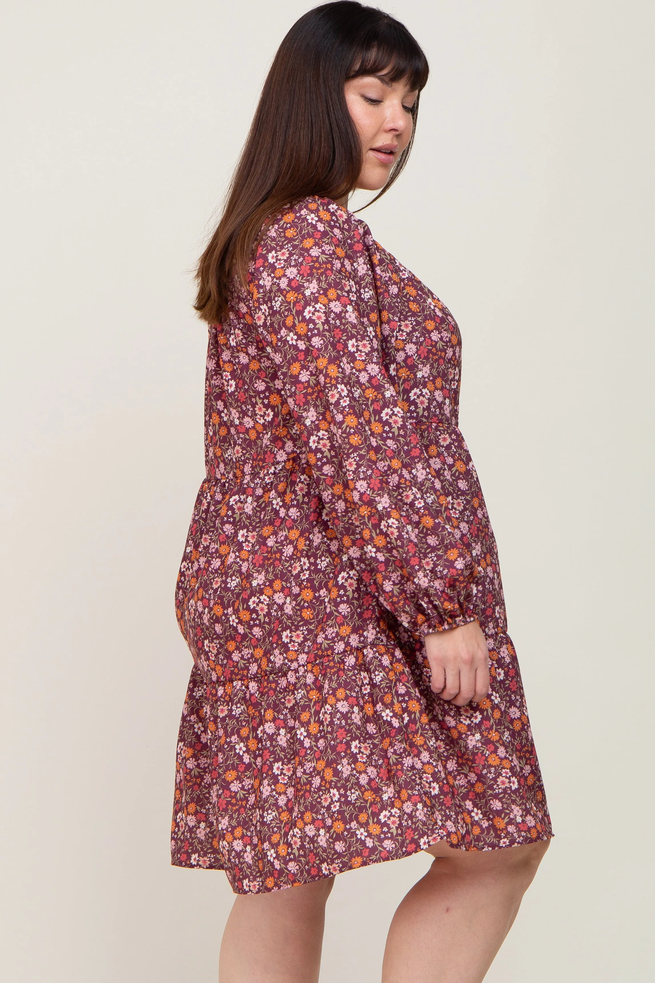 Burgundy Floral Long Sleeve Plus Dress sold by Pinkblush product image thumbnail 2