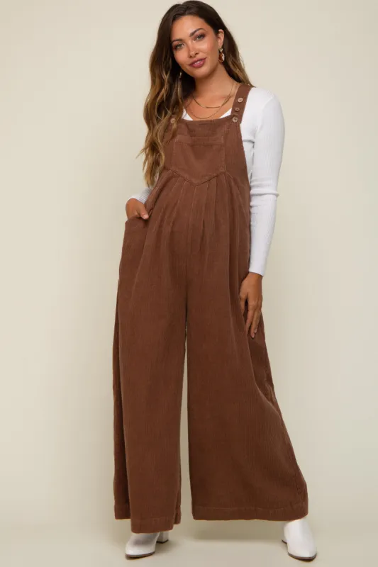 Mocha Corduroy Front Pleated Wide Leg Maternity Overalls sold by Pinkblush