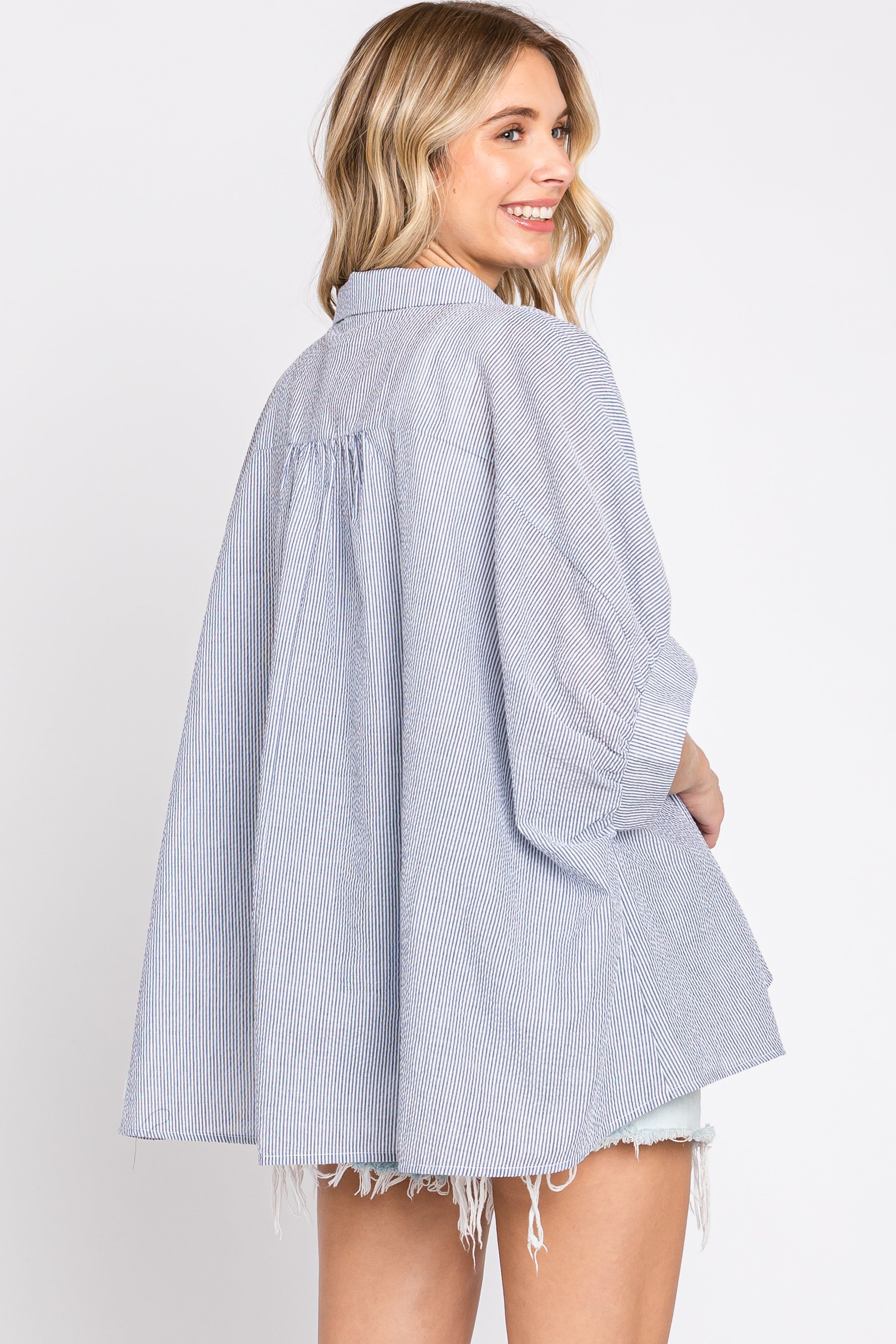 Navy Blue Striped Button-Down Dolman Short Sleeve Top sold by Pinkblush product image thumbnail 4
