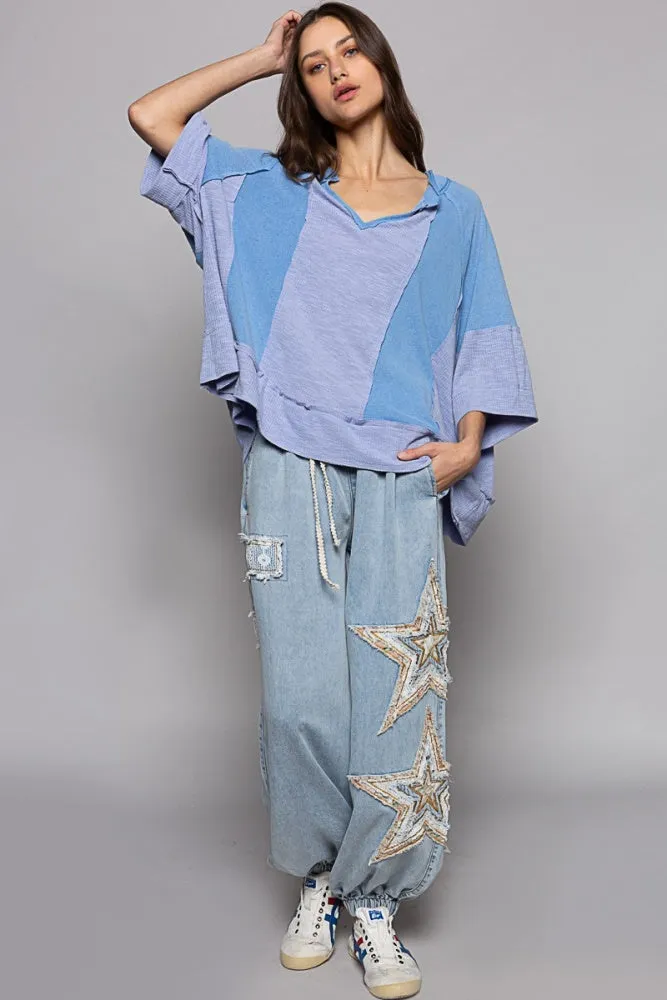 Blue Mist Oversize Notched Neck Frayed Edge Contrast Top sold by Pinkblush product image thumbnail 3