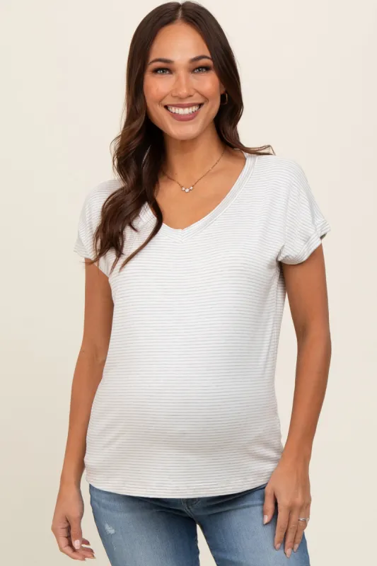 Heather Grey Striped V-Neck Maternity Short Sleeve Top sold by Pinkblush