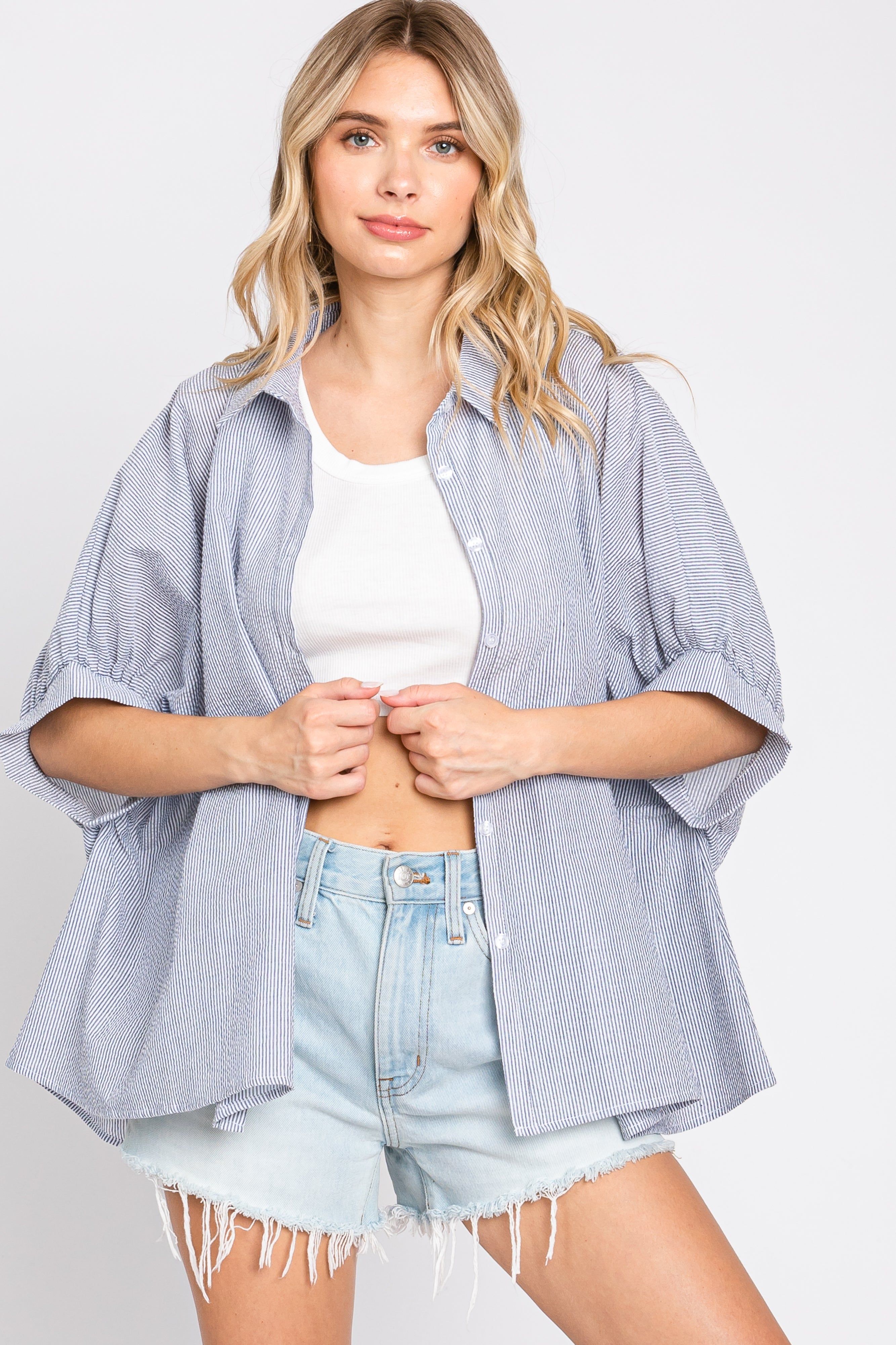 Navy Blue Striped Button-Down Dolman Short Sleeve Top sold by Pinkblush