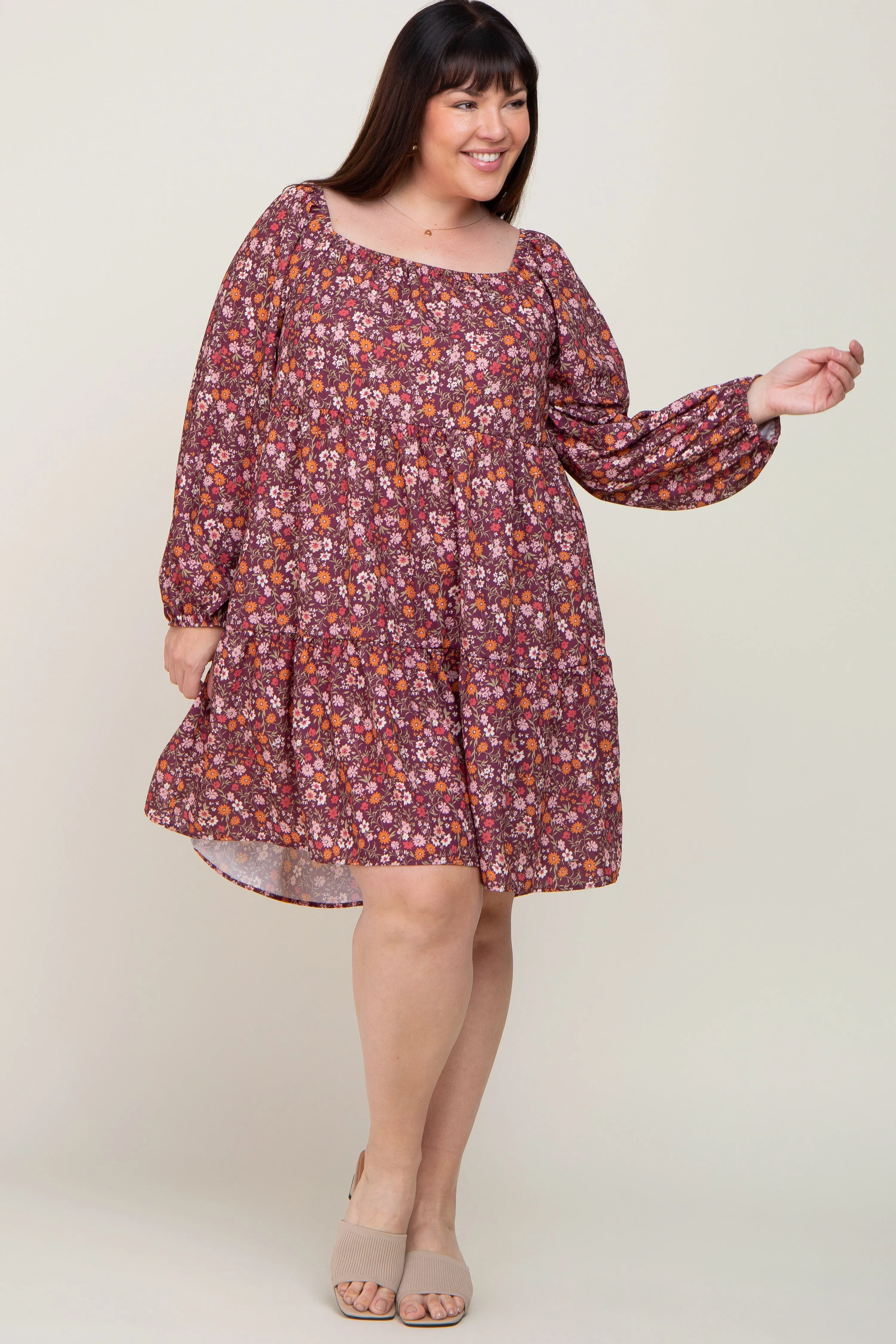Burgundy Floral Long Sleeve Plus Dress sold by Pinkblush product image thumbnail 5