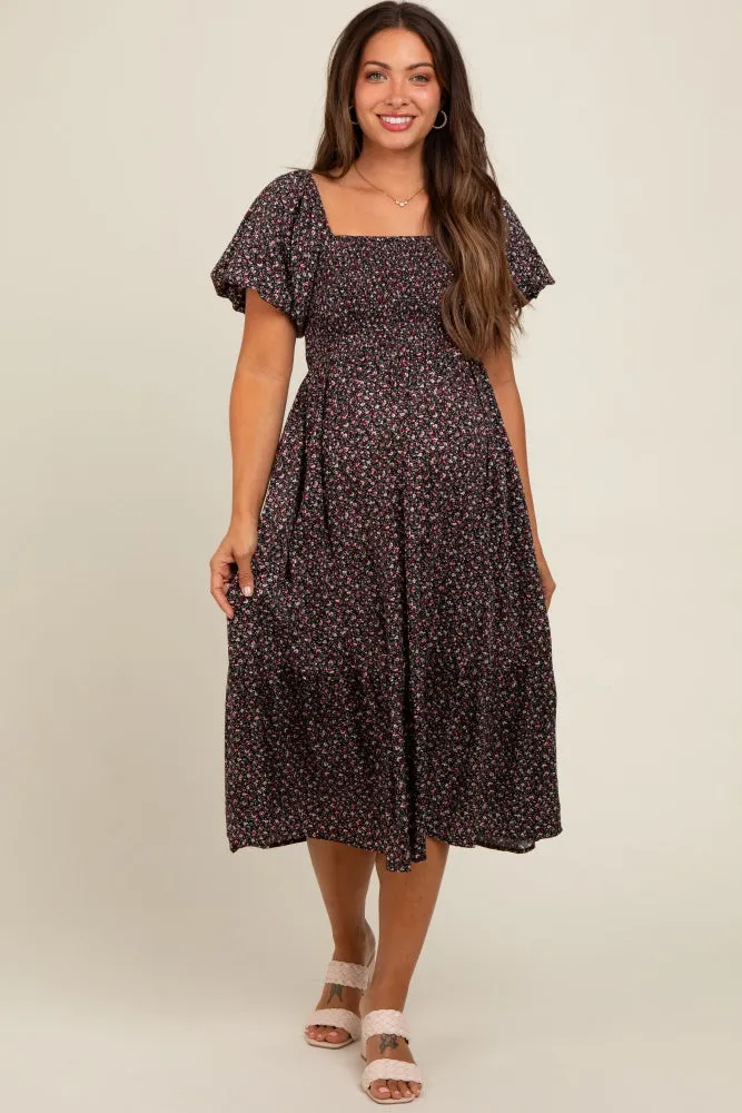 Black Floral Smocked Maternity Midi Dress sold by Pinkblush product image thumbnail 2