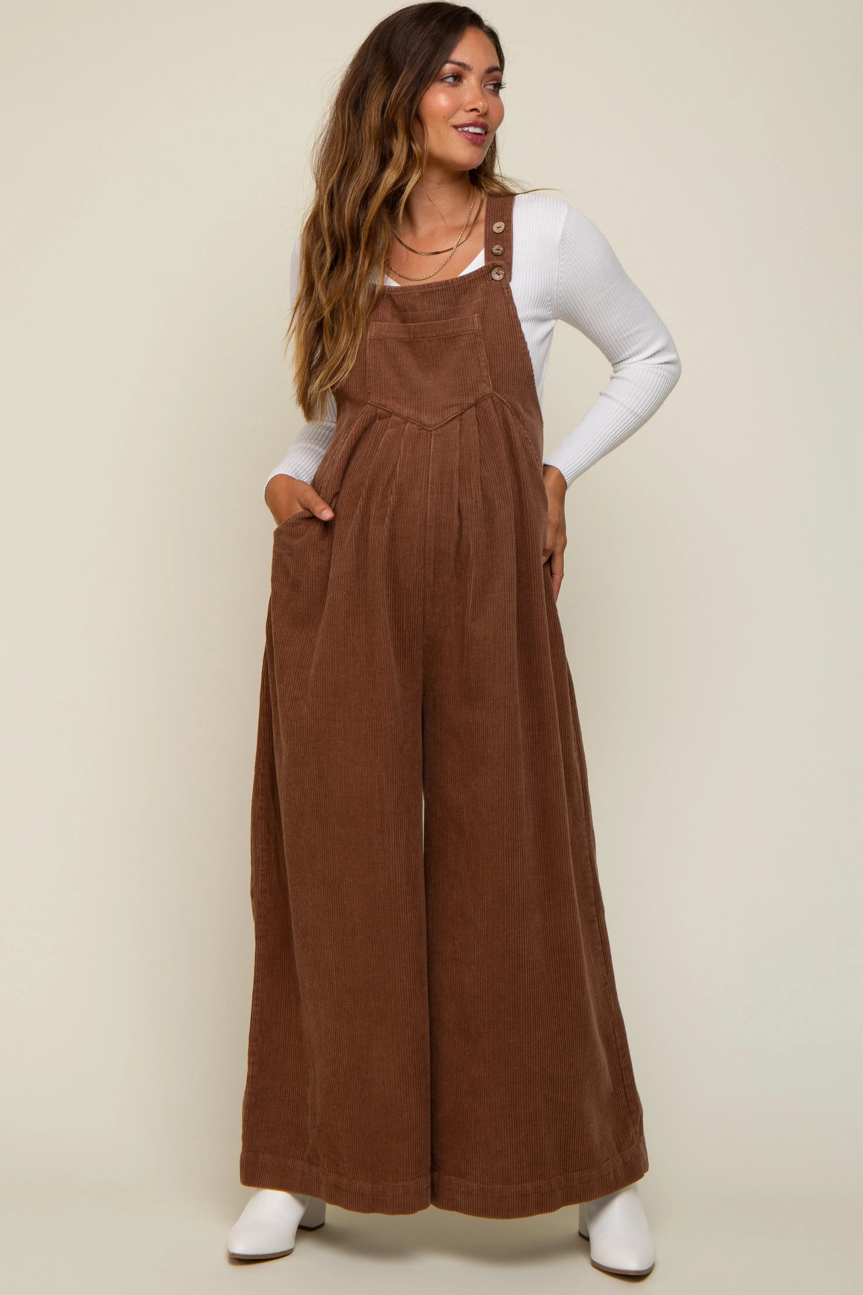 Mocha Corduroy Front Pleated Wide Leg Maternity Overalls sold by Pinkblush product image thumbnail 5