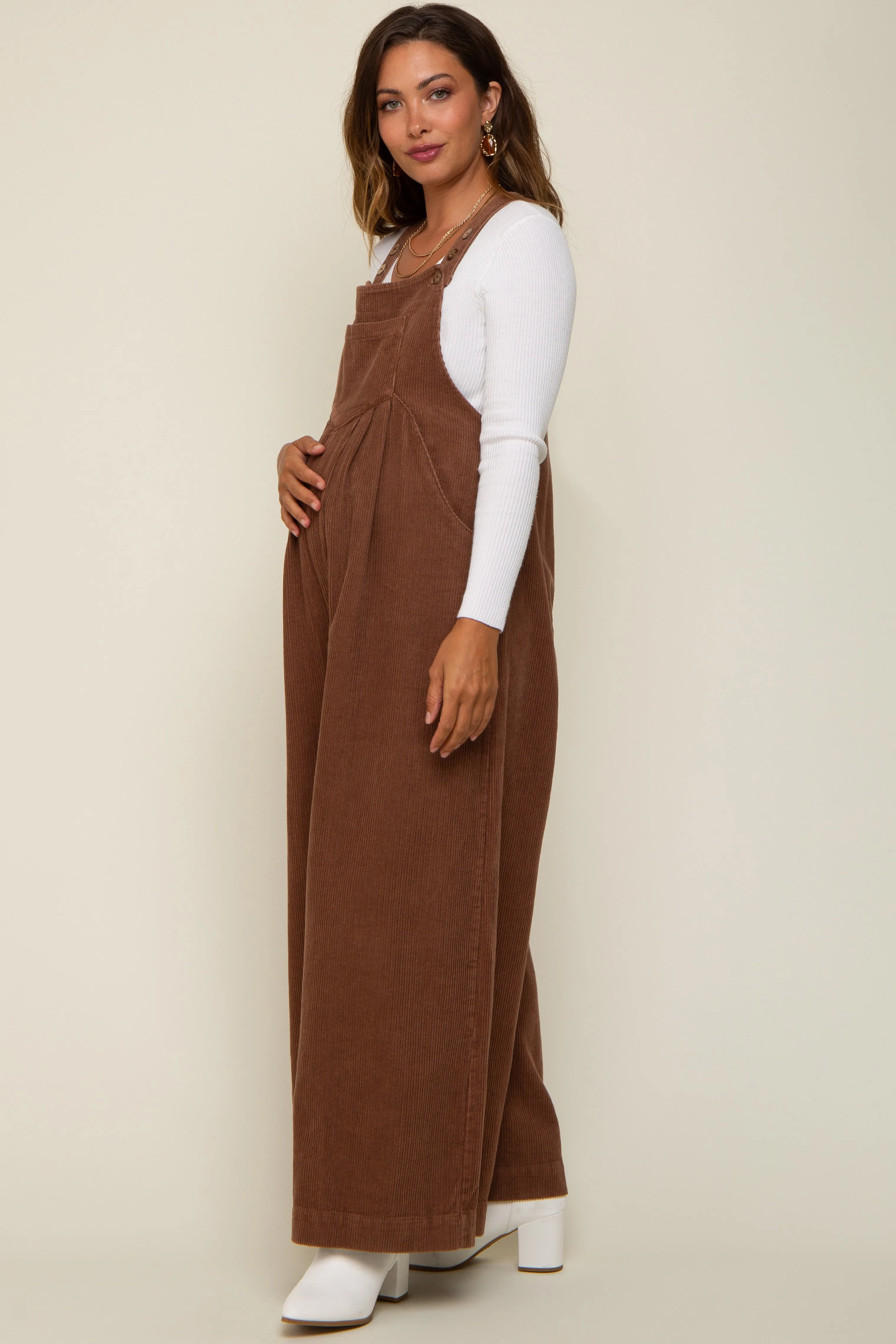 Mocha Corduroy Front Pleated Wide Leg Maternity Overalls sold by Pinkblush product image thumbnail 2