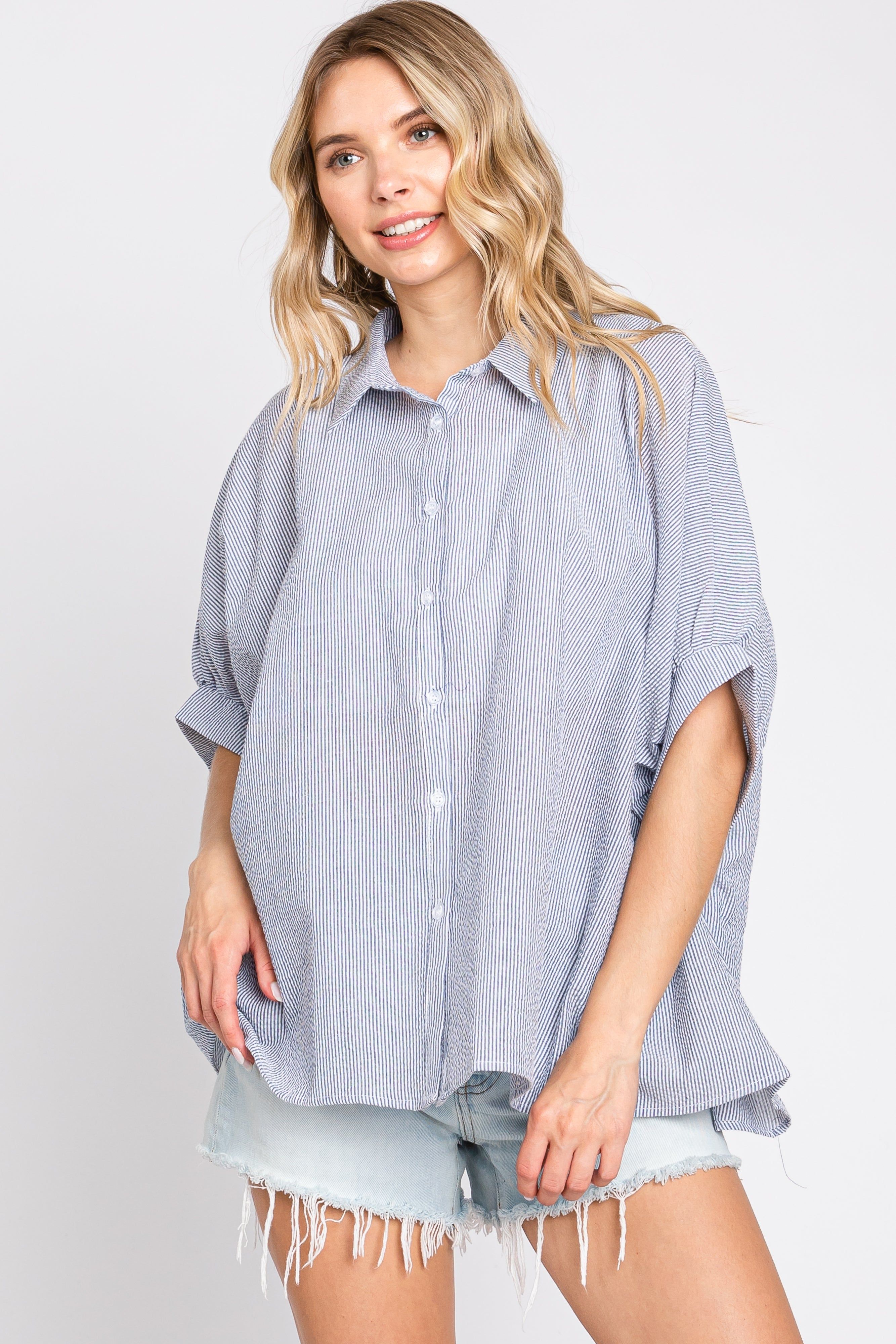 Navy Blue Striped Button-Down Dolman Short Sleeve Top sold by Pinkblush product image thumbnail 2