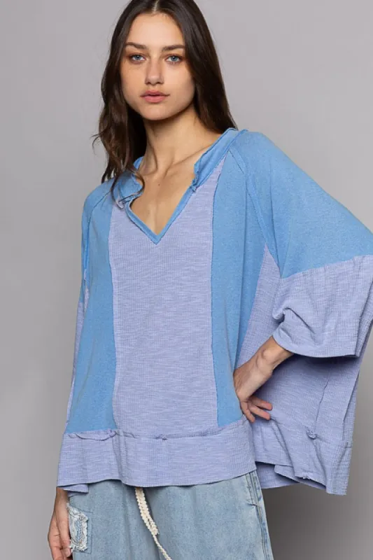 Blue Mist Oversize Notched Neck Frayed Edge Contrast Top sold by Pinkblush