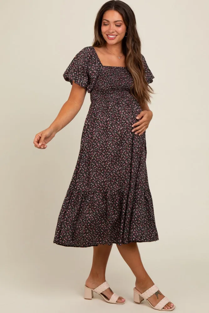 Black Floral Smocked Maternity Midi Dress sold by Pinkblush product image thumbnail 3